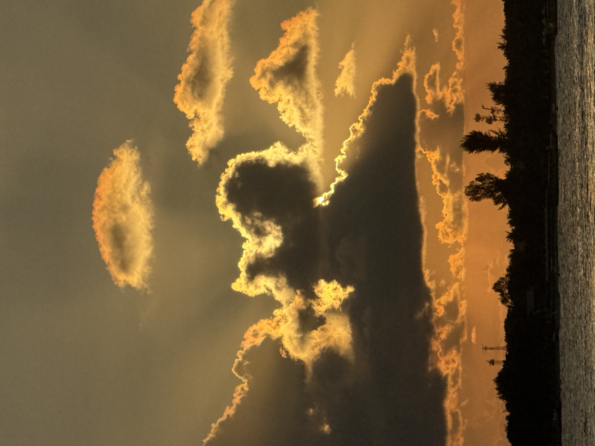 The media file displays a dramatic sunset or sunrise over a body of water, with the image appearing to be rotated 90 degrees clockwise from its natural orientation. The sky is filled with imposing clouds, some dark and silhouetted, while others are brilliantly illuminated along their edges by warm, golden light. This backlighting creates vibrant streaks of orange and yellow against a gradient sky that ranges from a hazy warm tone to darker, atmospheric grays. Sunbeams are visible breaking through gaps in the clouds.
On the right side of the frame, a dark silhouette of a treeline or coastal landscape extends along the horizon. Within this silhouette, a few tall, slender structures, possibly communication towers or power poles, can be faintly distinguished. To the far right, a body of water, likely a sea or large lake, reflects the sky's light, showing a textured surface with ripples.
The time of day is clearly dawn or dusk, characterized by the intense golden light and deep shadows. The weather appears to be partly cloudy, allowing for spectacular light effects. The scene evokes a sense of natural beauty and grandeur. No people are visible, and there is no discernible text in the image.