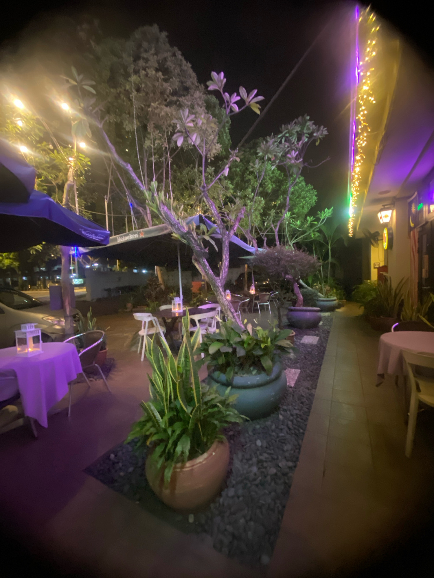 The image depicts an outdoor seating area of a restaurant at night. The scene is illuminated by string lights hanging along the building's facade and other ambient lighting, casting a purple and yellow hue. Several tables are set up, some with white tablecloths and chairs. A large umbrella with the "Heineken" logo is visible, suggesting it is a bar or restaurant. Lush green plants in large pots are scattered throughout the area, adding a natural element to the urban setting. The background shows a street with a car parked, indicating it is likely in a populated area of Kuala Lumpur, Malaysia. The overall atmosphere appears relaxed and inviting for a night out.