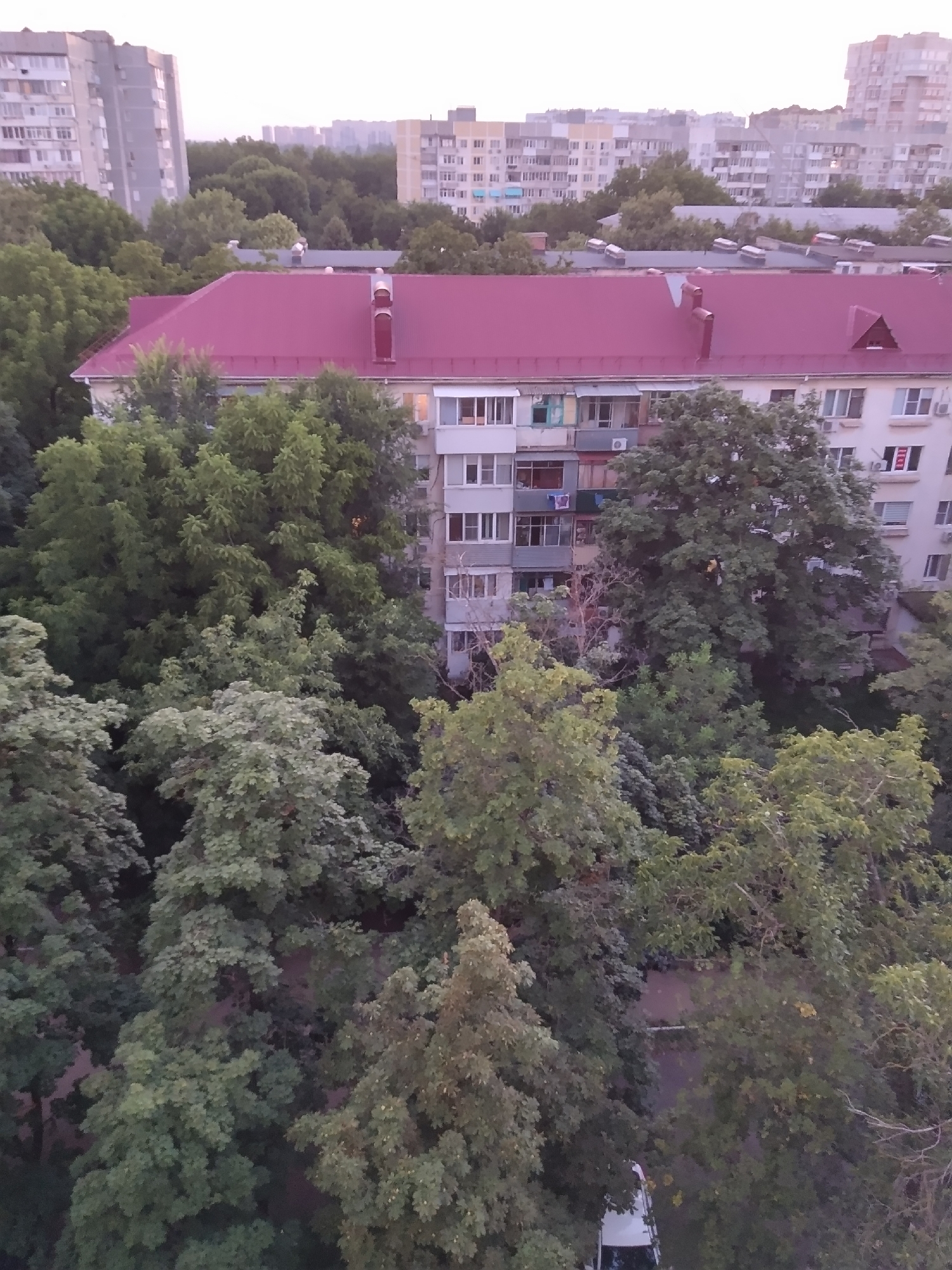 This is a high-angle, daytime, exterior, medium shot of a residential area in Krasnodar, Russia. In the foreground, dense green trees dominate the frame. Behind the trees, a building with a red roof is visible. The building has multiple stories with windows and balconies. Further in the background, several apartment buildings of varying heights and architectural styles are seen, along with more trees and a hazy sky. A white car is partially visible at the bottom of the frame. The scene appears to be a typical urban landscape with a significant presence of greenery.