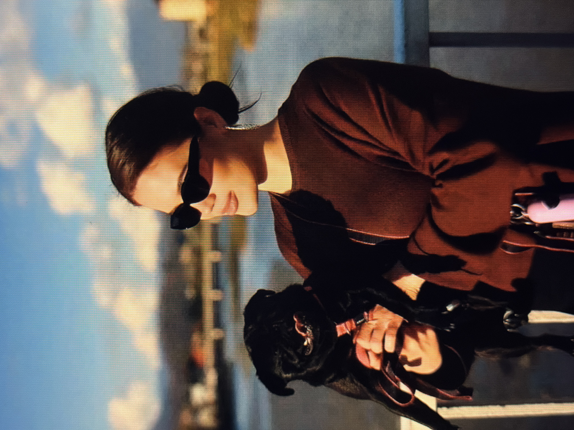 The image shows a woman and a black pug. The woman is wearing sunglasses and a rust-colored sweater. She has her hair pulled back in a bun. She is holding the pug on a leash, and the dog is looking towards the camera. The background appears to be a body of water with some buildings in the distance. The sky is blue with some clouds. The lighting suggests it is daytime. The image is oriented sideways.