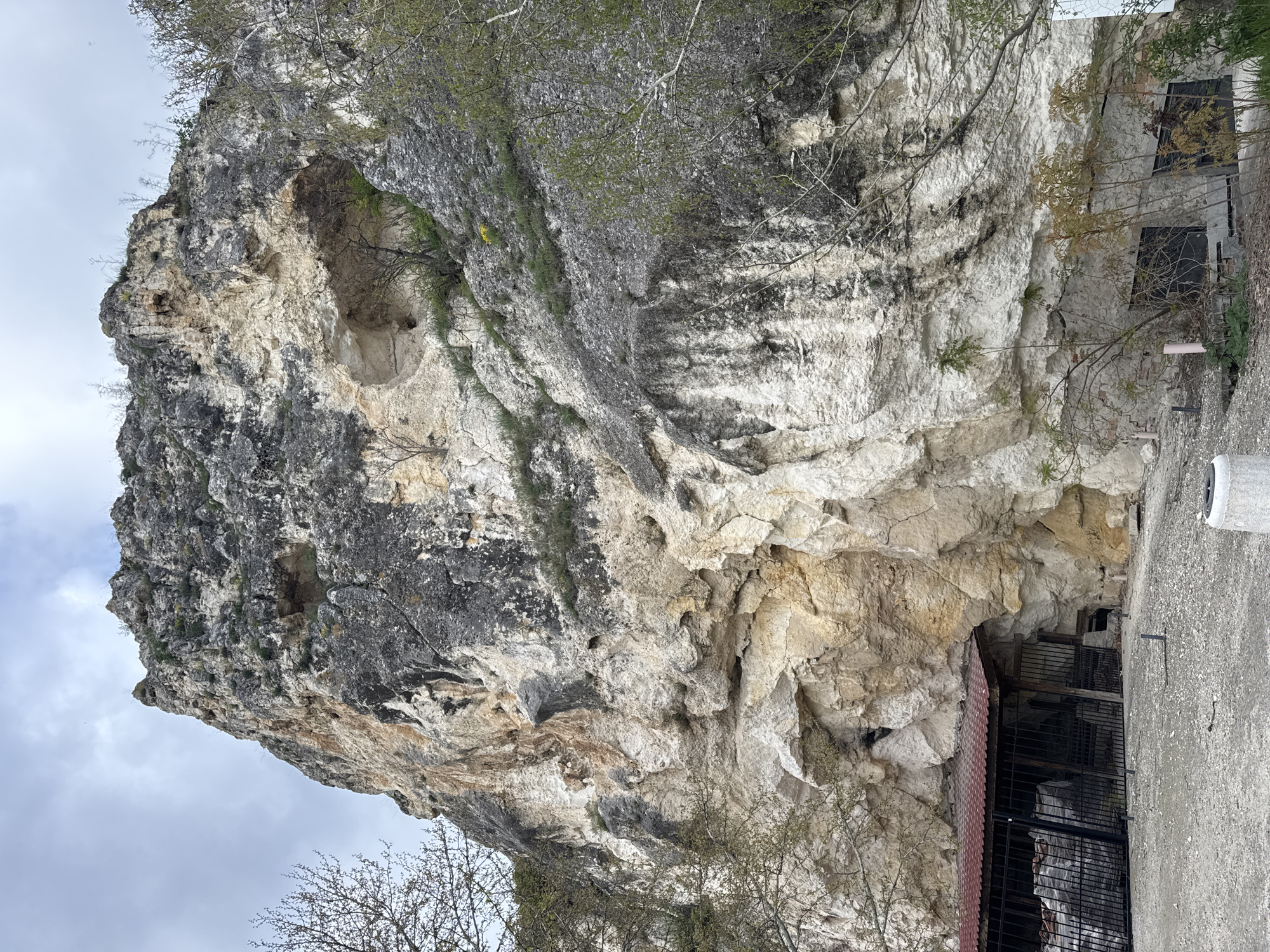 The image shows a large rock formation with a cave entrance. The rock face is textured with layers of gray, white, and beige stone. Some greenery is growing on top and around the rock. At the bottom, a metal grate covers the cave entrance. Next to the cave entrance is a concrete structure. The sky is cloudy. This location is in Basarbovo, Bulgaria.