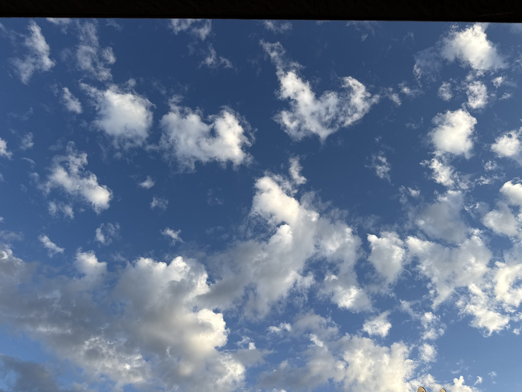 The image shows a clear blue sky filled with scattered white cumulus clouds. The top edge of the image features a dark, horizontal object, possibly a building overhang or roofline. The clouds vary in size and density, with some appearing wispy and others more substantial. The lighting suggests it is daytime, with sunlight illuminating the clouds from above and to the right. No people or specific landmarks are visible in the frame to indicate a precise location within Sancaktepe, Turkey, beyond it being an outdoor scene under a cloudy sky.