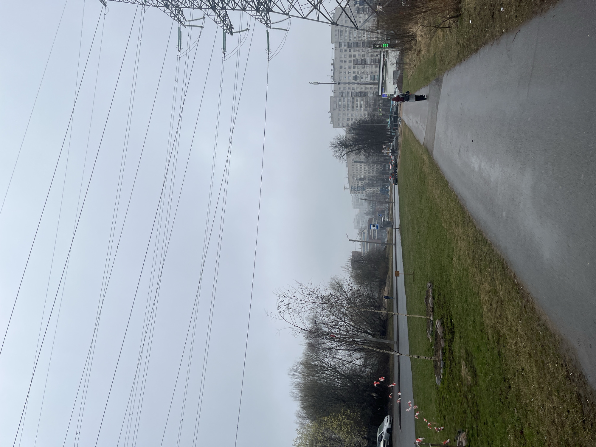 The image captures a view along a pedestrian walkway in what appears to be a somewhat overcast or misty day. The location is identified as Saint Petersburg, Russia.
On the left side of the image, tall electricity pylons with numerous power lines are visible stretching into the distance. Buildings, which appear to be apartment blocks, are seen further in the background, partially obscured by the atmospheric conditions.
A paved pathway runs along the right side of the image, with a strip of grassy land alongside it. The person is walking or standing along the path.
Nearer to the foreground, there are trees lining the pathway, some of which appear to be young birch trees. Red and white flags or ribbons are seen near the base of some of the trees, perhaps indicating a decorative element or a form of marking. A white car is parked in the distance.