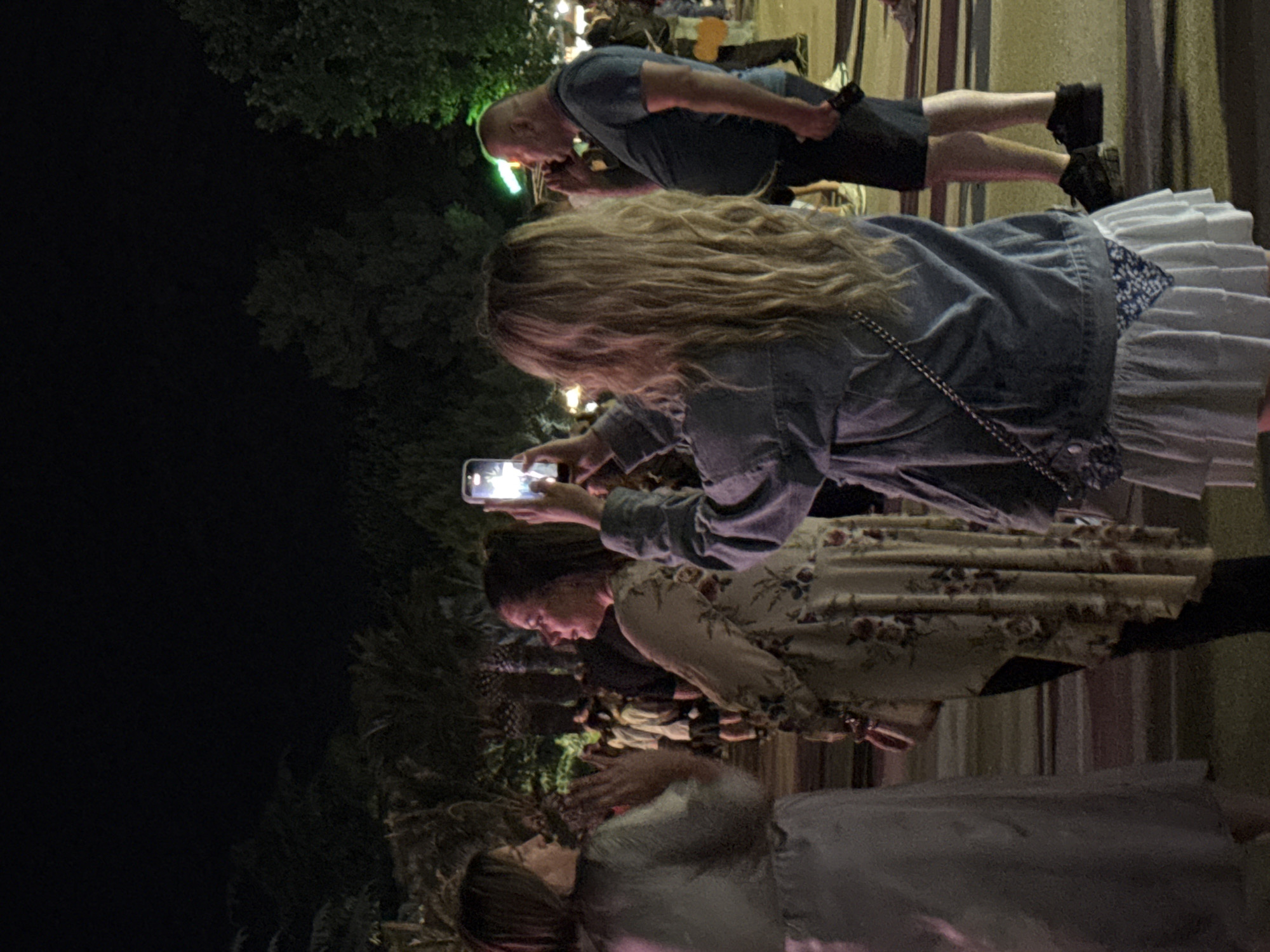 At night, a group of four people is gathered outside, likely on a patio or at an event. The location could be the city of Bar in Montenegro given the user specifications. A woman with blonde hair and a denim jacket is holding a smartphone, taking a photo. To her right, another woman in a floral dress stands and watches the phone's screen. Below the woman with the floral dress, a third woman is looking upward with her hands clasped together in front of her. She is wearing a shiny dress. At the top of the frame, a man with a bald head is looking to the right. He is wearing a dark shirt and shorts. Trees and some lights are visible in the background.