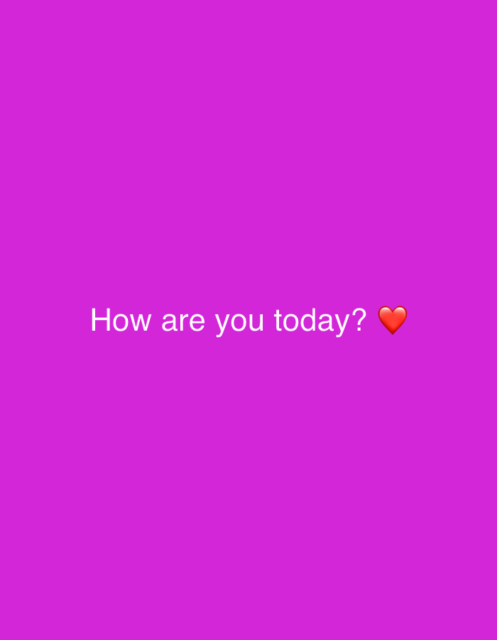 The image is a digital graphic with a solid magenta background. White text is centered on the image, reading "How are you today?". To the right of the question mark, there is a red heart emoji. There is no indication of a location in the city of Unknown, Unknown or any other urban environment. The scene is purely text and a heart emoji on a solid colored background.