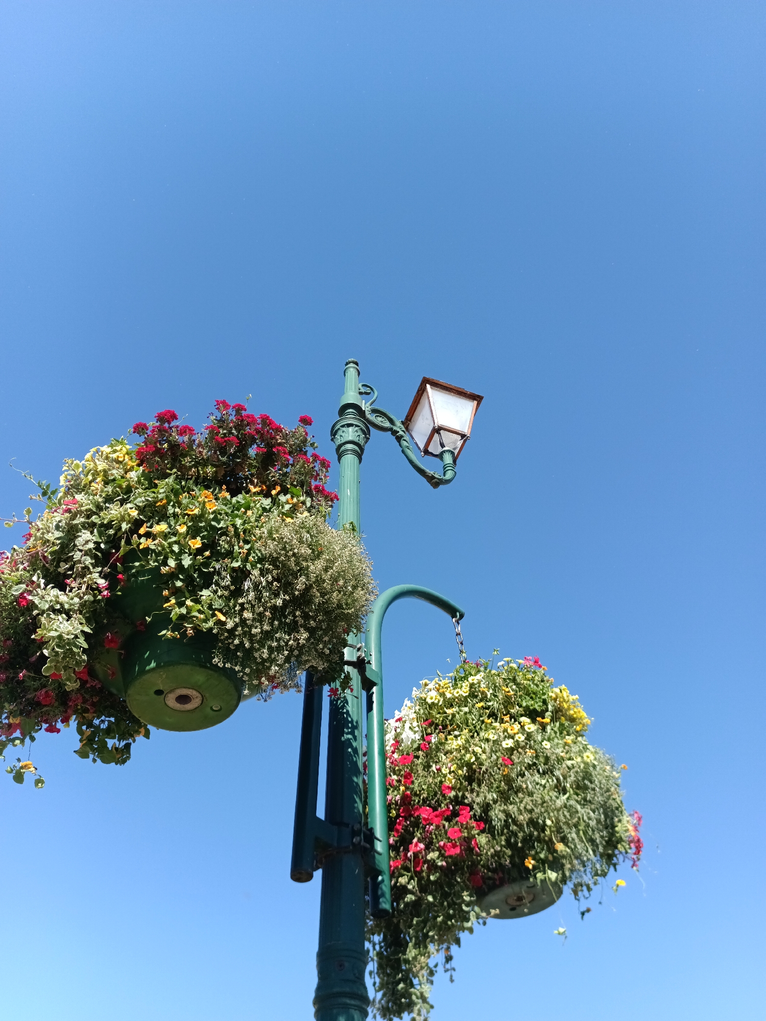The image captures a view of hanging flower baskets attached to a lamppost against a clear blue sky. The lamppost is green and ornate, with a vintage-style lantern. Two large, overflowing flower baskets are visible. The basket closer to the top is predominantly filled with red flowers and trailing greenery. The second basket, positioned lower and slightly to the right, features a mix of red, yellow, and white flowers, also with abundant trailing foliage. The flowers are vibrant and suggest a well-maintained urban or town setting. The sky is a uniform, bright blue with no clouds, indicating a sunny day. The perspective is from below, looking up at the lamppost and baskets. The image does not contain any people or visible action. Based on the provided hints, this scene is located in Le Neubourg, France.