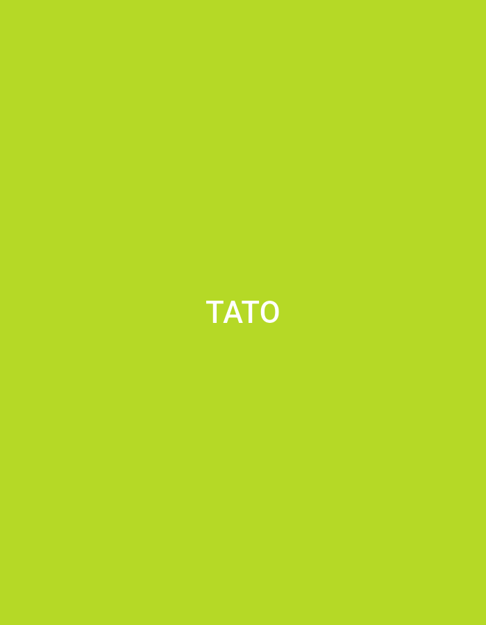 The image features a solid, vibrant lime green background. Horizontally and vertically centered on this background is the word "TATO", rendered in clear, white uppercase letters in a sans-serif typeface. No other elements such as people, subjects, objects, actions, interactions, or specific environmental features are present within the frame.