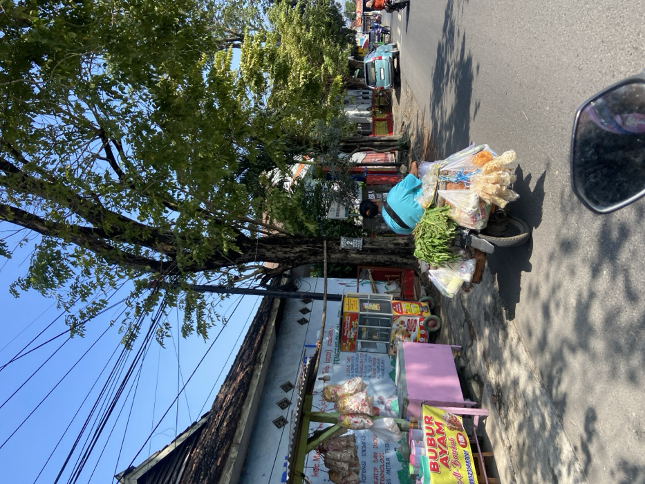 The scene shows a person riding a motorcycle in front of a street food stand, located in Mojosari, Indonesia (latitude: -7.503, longitude: 112.54). The motorcyclist is wearing a blue shirt and is carrying a large load of items on the back of their motorcycle. There are other motorcycles and cars parked on the side of the road, which is paved and appears to be in good condition. The street food stand is pink and yellow, with a sign reading "Bubur Ayam Al-Baukah". There are many bags on the stand, some of which contain vegetables, fish, and other food items. The scene is set against a backdrop of green trees and a blue sky. There are also power lines visible.