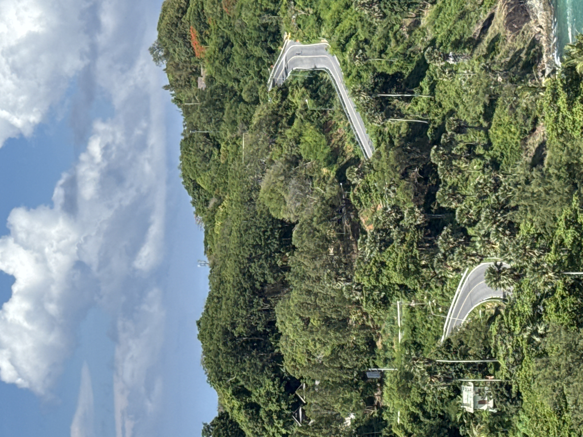 An eye-level, long shot captures a winding road cutting through a lush, green, mountainous landscape. The road is paved and bordered by a white railing, with streetlights dotting its path. Dense foliage, including palm trees and other greenery, covers the slopes, with a few small buildings and structures partially visible amidst the trees. In the upper portion of the frame, a bright blue sky is filled with fluffy white clouds. The overall scene depicts a scenic, tropical environment, possibly a tourist destination or a remote natural area.