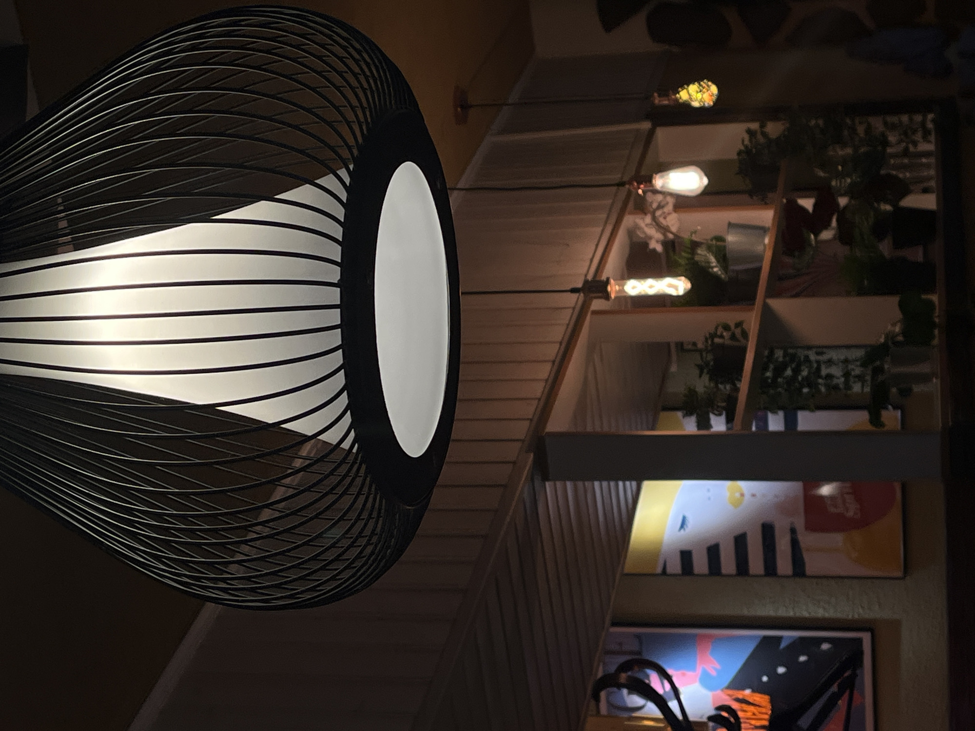 The image shows a close-up view of a wire-frame lamp with a bright light inside, set against the backdrop of a room interior. The room features a set of stairs leading upwards, with a decorative arrangement of exposed lightbulbs spaced along the wall. A multi-tiered shelving unit displays potted plants, and two framed art pieces adorn the lower portion of the wall.
