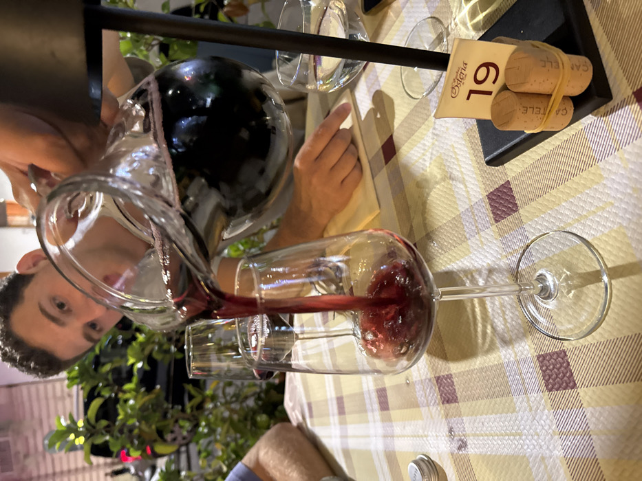 An outdoor or semi-outdoor dining scene in Lecce, Italy, depicts a glass carafe pouring dark red wine into a stemmed wine glass on a plaid tablecloth. The wine stream is mid-pour, splashing into the lower portion of the glass. To the left, a second empty wine glass is partially visible. The table is covered with a light-colored plaid tablecloth featuring yellow/cream and maroon/brown squares. On the right, a black table number stand displays a white card with "Osteria" and the number "19" in red. Two corks, bound by a rubber band, are attached to the stand's base; one cork is labeled "CANTEL". A third glass, holding clear liquid, is positioned behind the stand. In the background, a young adult male with dark hair and a light shirt observes the pouring. A partial view of another individual's arm in a blue shirt is visible on the far left. Green foliage and blurred lights suggesting an urban night environment are in the background.