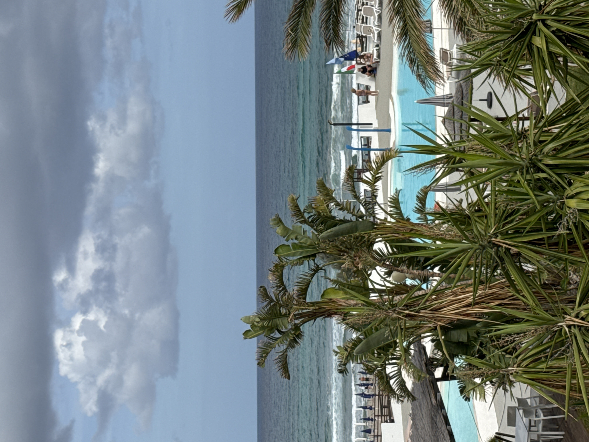 The image depicts a resort or hotel scene overlooking the sea in Isola delle Femmine, Italy. In the foreground, lush green palm and yucca plants frame the view. Beyond the vegetation, a bright blue swimming pool is visible, with several beach umbrellas and lounge chairs arranged around it. Further back, a pathway leads to a beach with rows of closed umbrellas and lounge chairs. The sea is a deep blue with visible waves and a line of foam suggesting its proximity. In the distance, the horizon is marked by a grey, cloudy sky. A few people are scattered around the pool area and on the beach, some sitting on lounge chairs and others standing or walking. There are flags visible near the pool area, one appearing to be the Italian flag. The overall impression is a tranquil resort setting on a potentially overcast day.