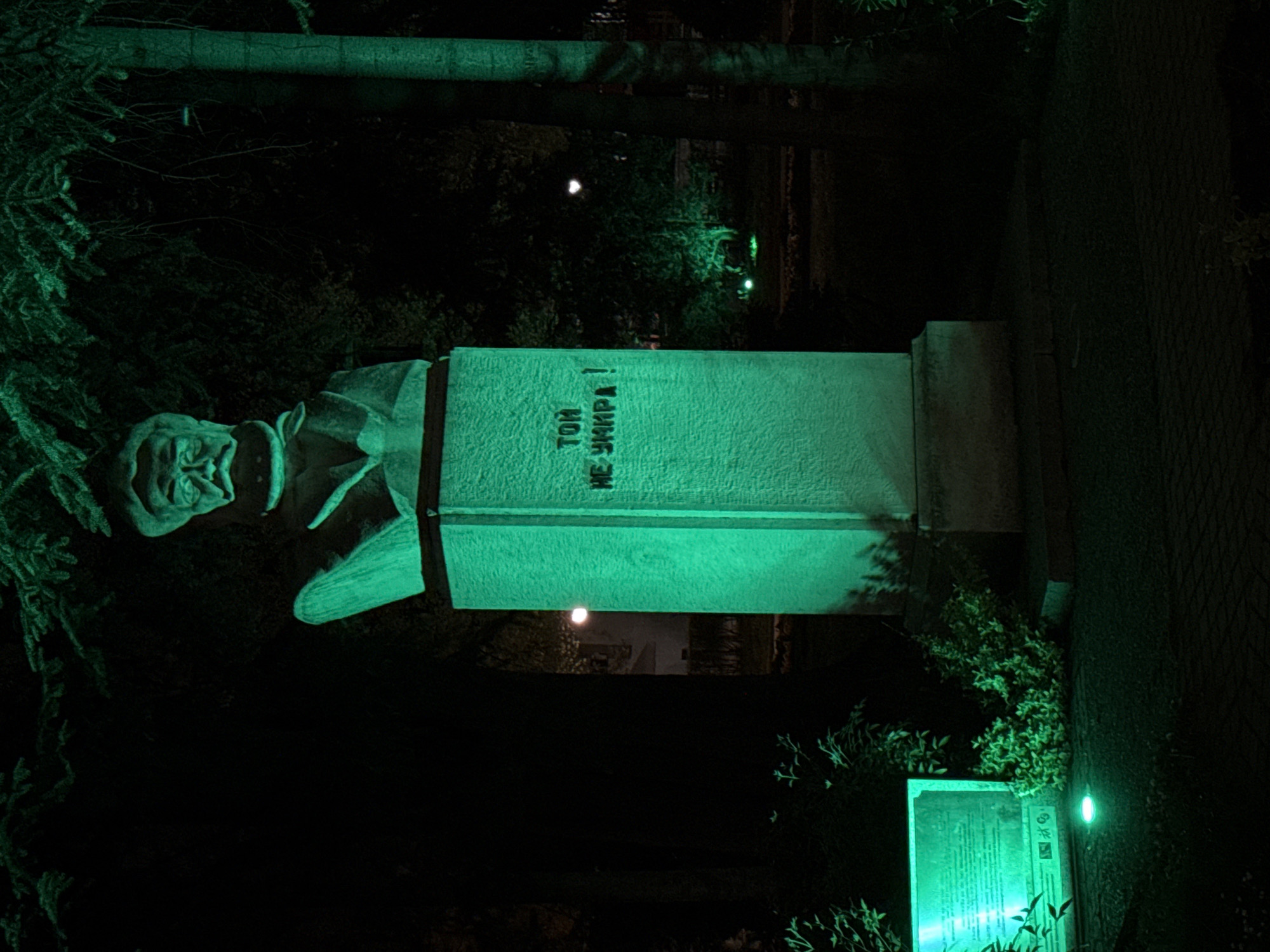 The image depicts a stone or concrete bust of a man atop a rectangular pedestal, illuminated by a strong green light at night. The man, rendered in a realistic style, wears a cap and what appears to be a uniform or coat with a high collar. His facial features are visible, though somewhat obscured by the green hue and shadows.
Engraved vertically on the side of the pedestal is Cyrillic text: "ТОИ НЕ УМИРА !". This translates to "HE DOES NOT DIE!" or "HE IS IMMORTAL!".
The scene is set outdoors at night, with the primary light source bathing the monument in an intense green glow. The background is largely dark, showing silhouettes of dense foliage, including what looks like a conifer on the left and other bushes. There are faint glimmers of distant lights in the dark background, suggesting other structures or elements beyond the immediate vicinity.
Near the base of the pedestal and to the right, another rectangular plaque or sign, also illuminated green, is visible, partially obscured by green leafy bushes. The ground around the monument appears to be a paved path or natural ground covered in dark material. The overall atmosphere is somber and dramatic due to the nighttime setting and monochromatic green lighting. The location is Plovdiv, Bulgaria.