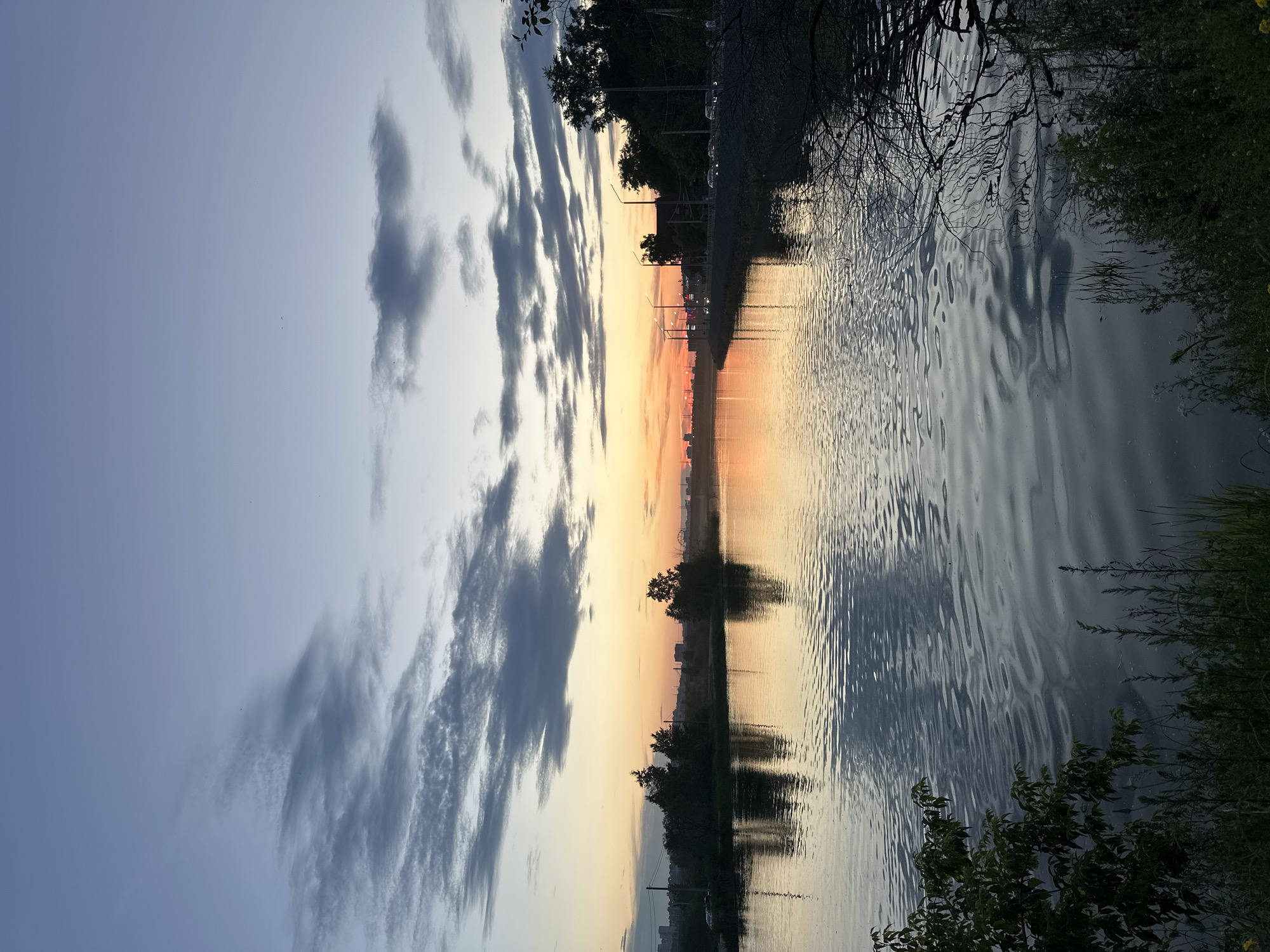 The image depicts a tranquil waterfront scene during what appears to be dusk or dawn, given the soft, warm hues of orange and pink in the sky reflecting on the rippling water. The water's surface is textured with gentle waves, creating distorted reflections of the surrounding environment. On the left side of the image, a vast expanse of sky transitions from a pale blue at the top to the warmer sunset/sunrise colors closer to the horizon. Dark, wispy clouds are scattered across the sky.
Along the waterline, silhouetted trees and vegetation frame the scene. The reflection in the water shows these natural elements, along with faint outlines of distant buildings and what appear to be streetlights or power poles, suggesting an urban or semi-urban setting along the waterfront. The overall mood is serene and peaceful, evoking a sense of calm contemplation. No people or specific objects are clearly discernible in the foreground or the water. The location is identified as Irkutsk, Russia.