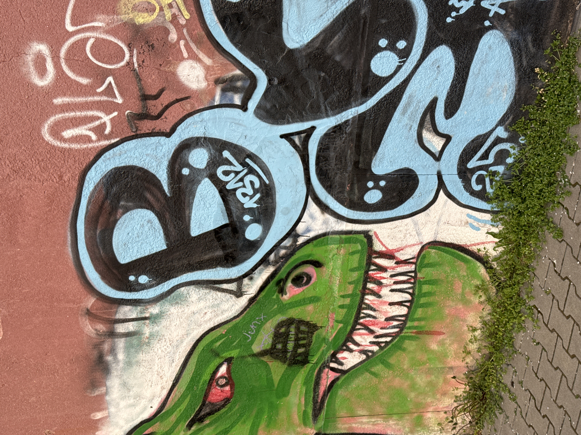 A close-up shot of a section of graffiti art on a wall, likely an exterior wall. The graffiti features a large, cartoonish green alligator with visible teeth. Above the alligator are graffiti-style letters in blue with black outlines; the letters seem to read "BOX". To the left, older, faded graffiti is visible in red. Adjacent to the graffiti, to the right, is a patch of green vegetation growing near the edge of paved stones, suggesting the wall borders a sidewalk or similar surface. The graffiti may be located in Sofia, Bulgaria but this is not visually confirmed. There are no people visible.