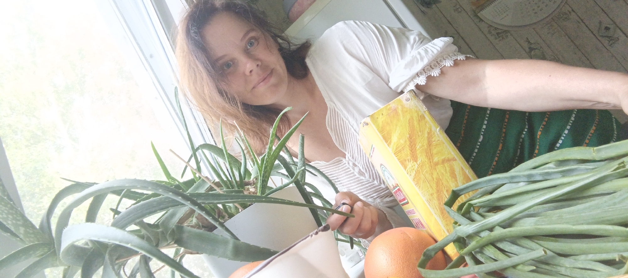 A woman with brown hair and blue eyes is in a brightly lit room, leaning forward from the right side of the frame. She is wearing a white blouse with lace trim on the sleeves. In front of her, several objects are arranged: a potted aloe vera plant on the left, a yellow box, a grapefruit, and a bunch of green onions on the right. The background shows a window with natural light streaming in, and a wall with a wooden pattern. The woman is looking at the camera with a slight smile. Her left arm is bent and her hand is near the aloe vera plant. The scene appears to be indoors, possibly in a home.