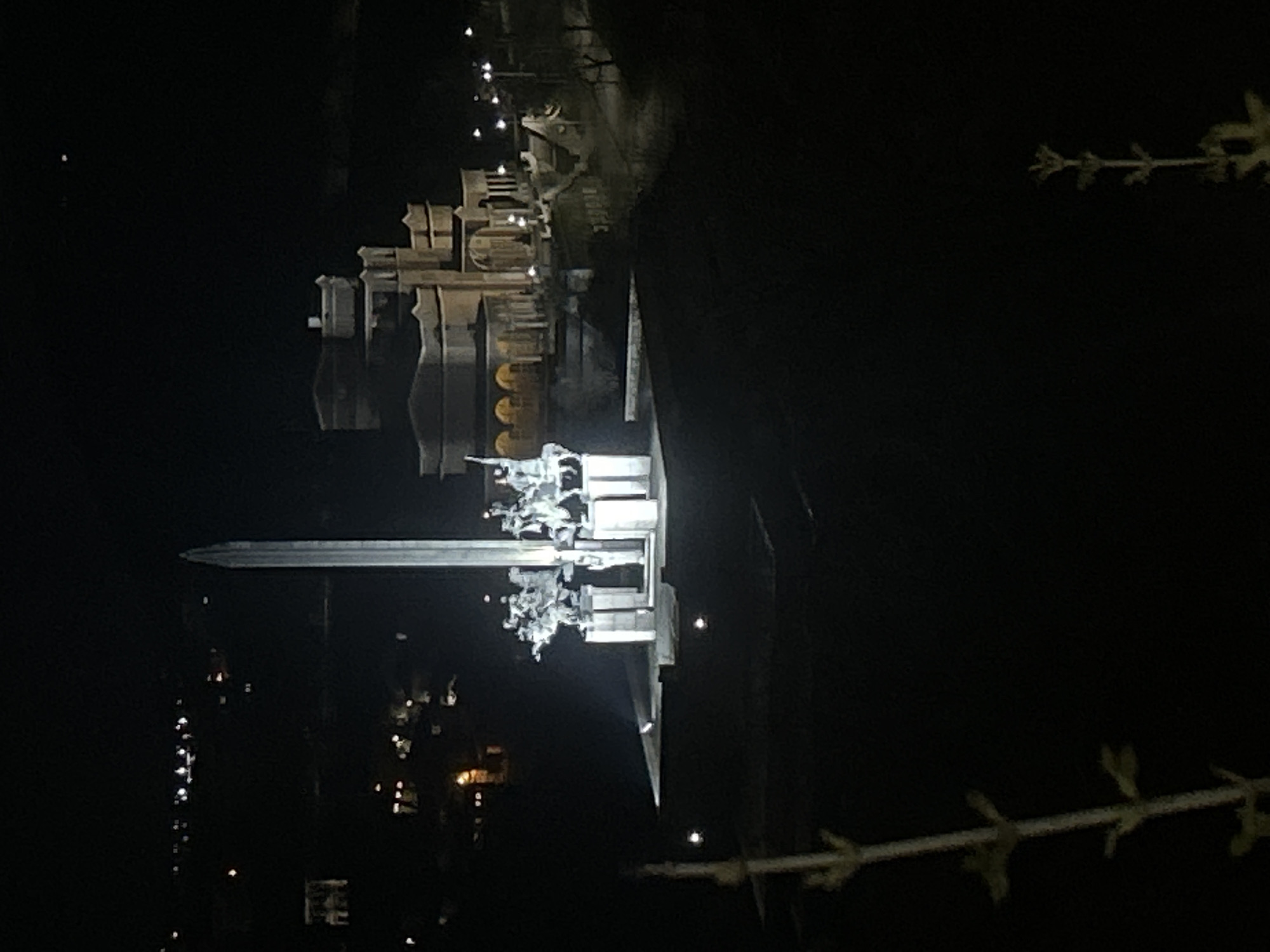 The image depicts the "Mother Bulgaria" monument in Veliko Tarnovo, Bulgaria, at night. The monument features a large vertical sword and statues of soldiers and other figures. The lights illuminate the monument and surrounding buildings. In the background, a structure with arches and other architectural details is visible. A branch with small leaves is visible on the right side of the image.