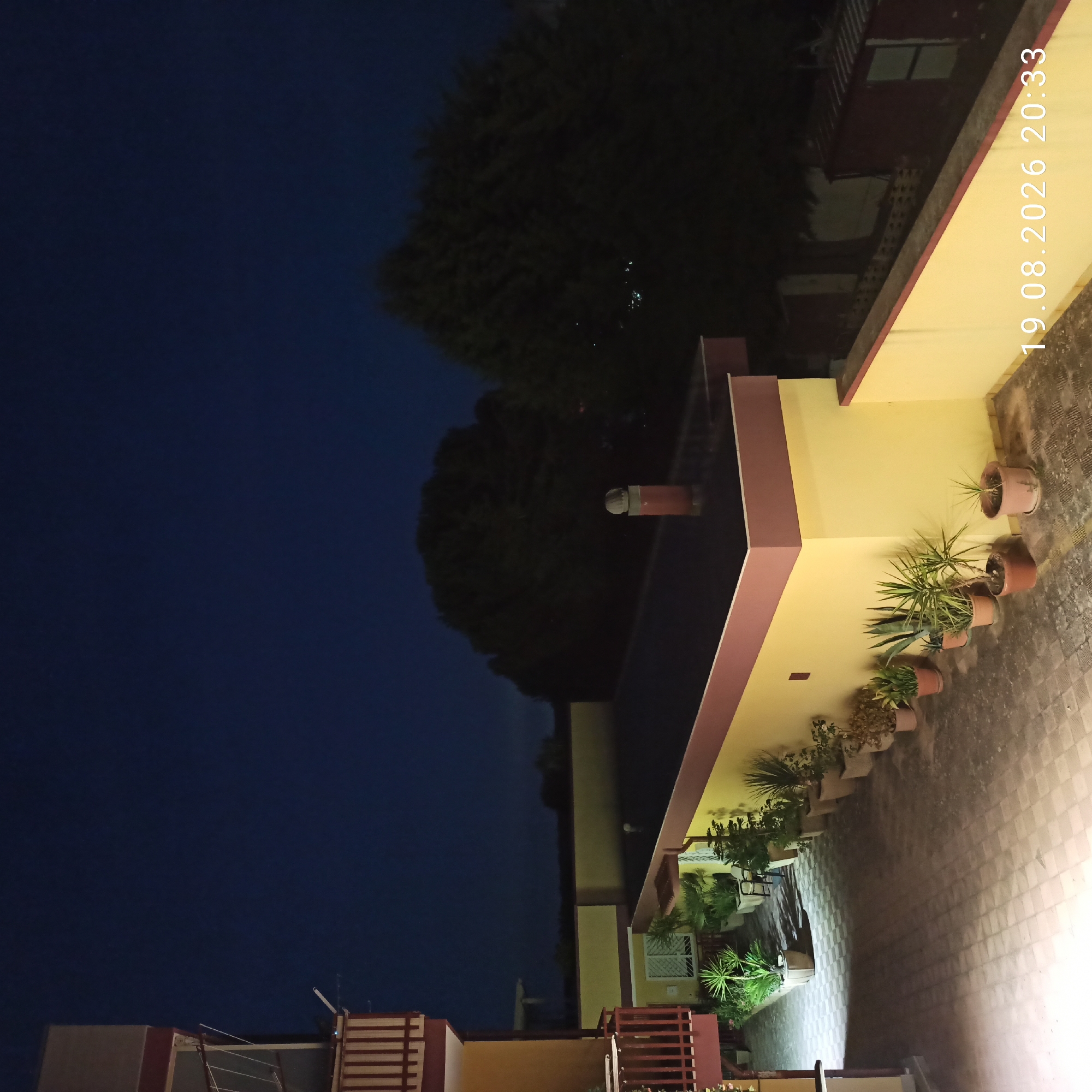 The image shows an outdoor courtyard at night, likely in Bitonto, Italy, as indicated by the superimposed date and time stamp "19.08.2026 20:33". The scene is illuminated by artificial light, casting shadows. A multi-story building with yellow walls and red-brown trim is visible on the left, featuring balconies with red-brown railings. The courtyard floor is paved with square tiles. Several potted plants, including palms and succulents, are arranged along the building and on the paved area. In the background, a low yellow wall with a red-brown trim separates the courtyard from an area with trees and other structures, one of which appears to be a building with a red roof and white window frames. A brick chimney with a spherical cap stands on a flat roof in the middle ground. The sky is dark blue, suggesting nighttime. No people are present in the image.