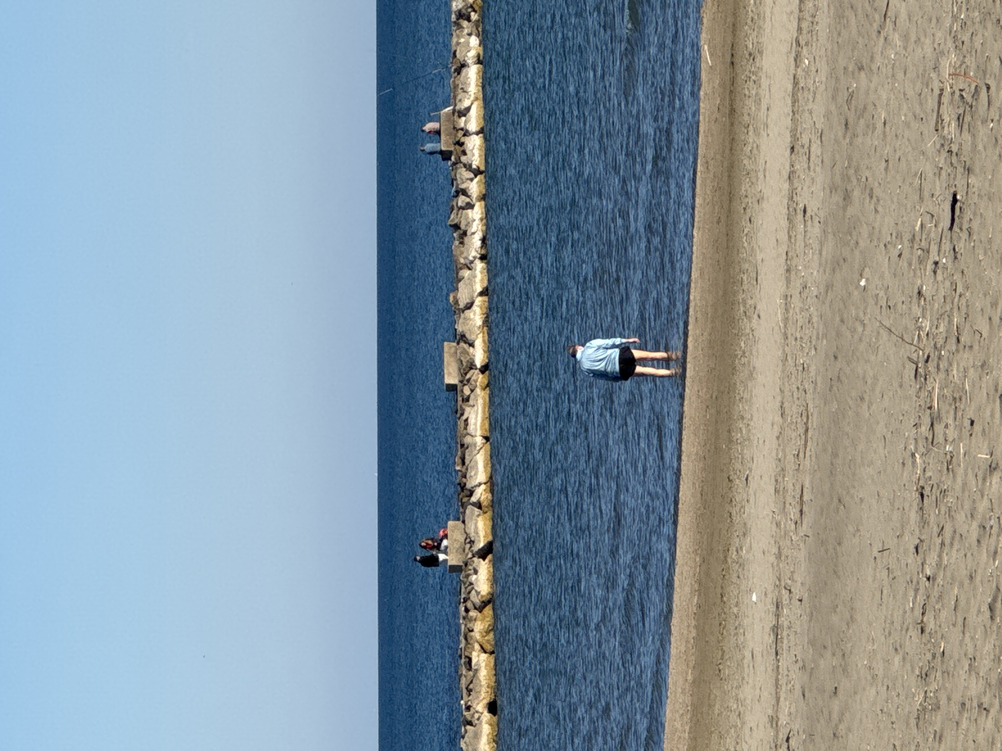 This image captures a bright, sunny coastal scene in Nettuno, Italy, depicting a blend of natural elements and human activity. The scene is dominated by a long, dark rocky breakwater that extends into the clear blue sea, dividing the water into two sections.
On the right side of the breakwater, closer to the shore, a person wearing a light blue long-sleeved shirt and dark shorts is seen wading in the shallow, calm blue water, with their back to the viewer. Their lower legs are submerged, suggesting they are enjoying the cool water. To the far right, a wide expanse of light brown sandy beach stretches out, appearing dry with some scattered natural debris.
On the breakwater itself, several other individuals are visible in the distance, seemingly engaged in activities like fishing, positioned along the rocks that jut out into the water. The water on the left side of the breakwater appears deeper and a slightly darker shade of blue. The sky above is a uniform, clear light blue, indicating fair weather.
The time of day appears to be bright daytime, likely morning or afternoon, given the strong illumination. The overall mood conveyed is one of tranquility and leisure. There is no visible text in the image.