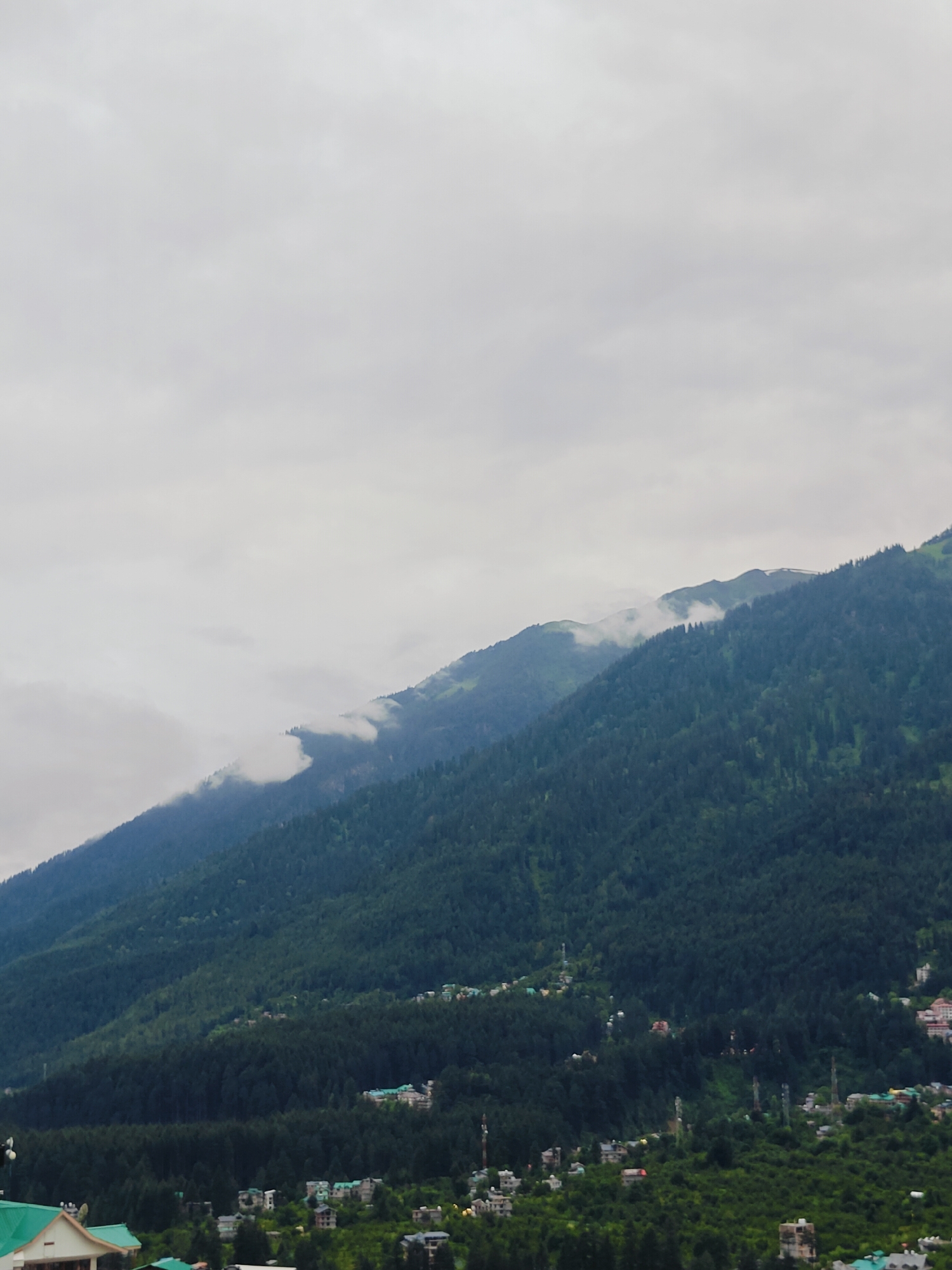 A panoramic, high-angle view captures the lush, verdant slopes of mountains in Vashisht, India. The overcast sky, filled with soft, gray clouds, casts a diffused light across the scene. The mountains, densely covered in dark green coniferous trees, rise majestically, with patches of mist clinging to their higher reaches. Nestled amongst the trees and scattered across the lower slopes are numerous buildings, indicating a human settlement. These buildings appear to be a mix of residential homes and possibly some smaller hotels or guesthouses, characteristic of a mountain town. The architecture suggests a mix of traditional and modern styles, with some structures featuring colorful roofs. In the foreground, the lower parts of the mountains are also covered in dense vegetation, with more buildings visible, some with distinct green rooftops. The overall impression is one of a serene, natural landscape coexisting with a thriving community.