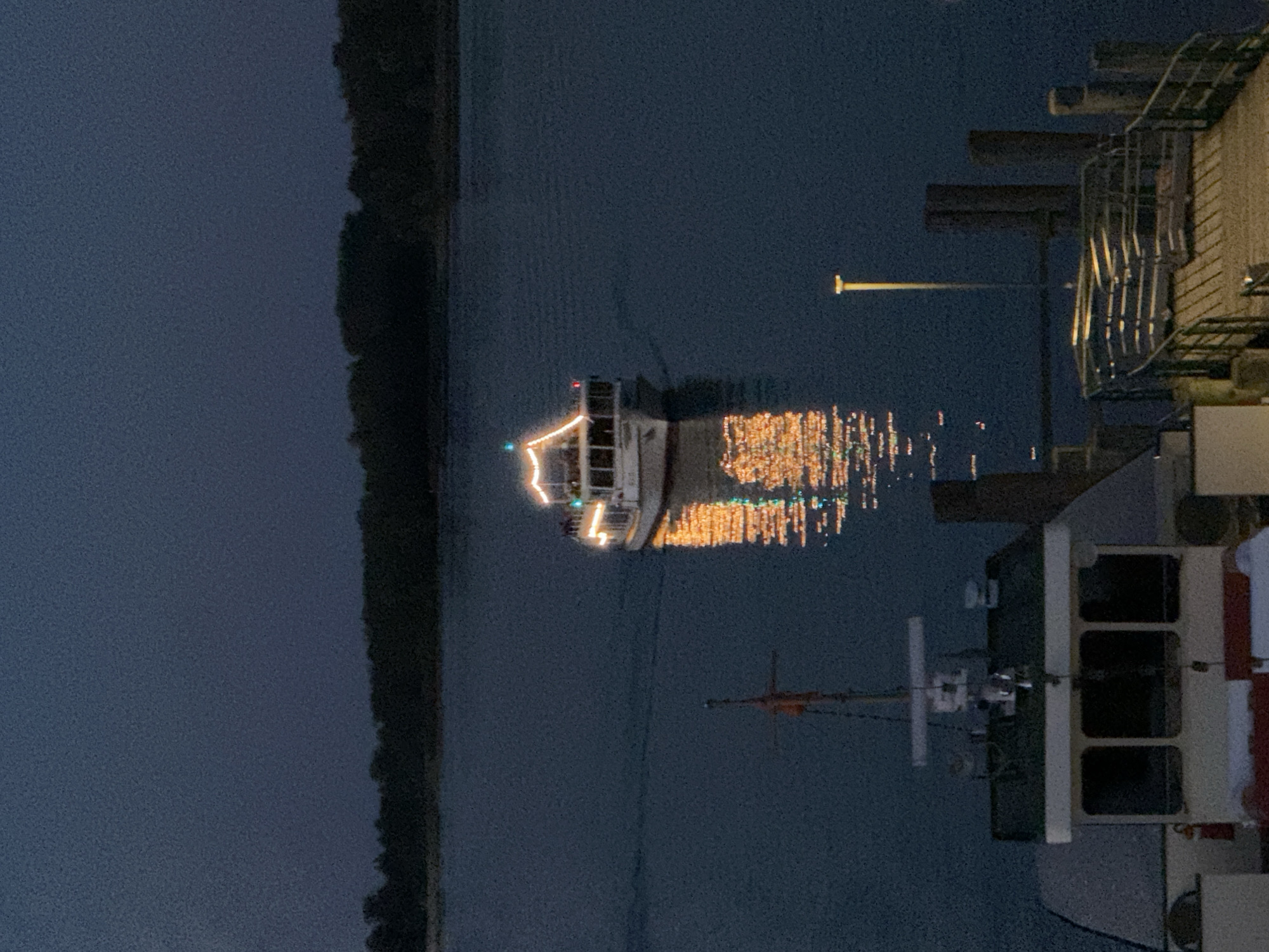 This is a nighttime, eye-level, full-frame shot of a ferry illuminated with lights, cruising on a dark body of water. The ferry is decorated with strings of warm-toned lights that create a reflection on the water. In the foreground, a portion of a dock is visible, with wooden planks and railings. A single lamppost on the dock emits a warm glow. In the background, a silhouetted tree line runs along the horizon. The water is dark and calm. This scene is located on Lake Chiemsee in Prien am Chiemsee, Germany.