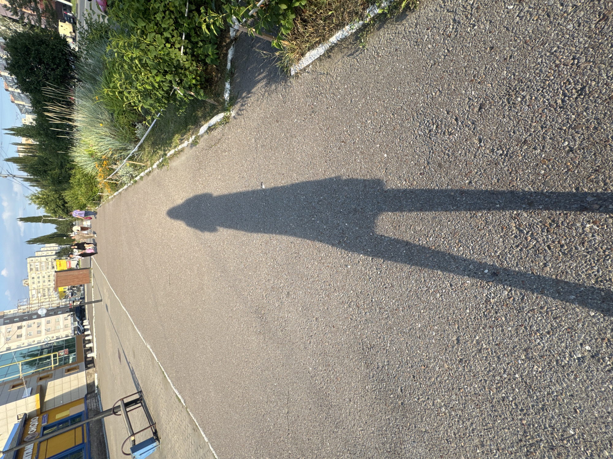 The image depicts a sunlit pedestrian walkway in Ufa, Russia. A long, distinct shadow of a person, likely the photographer, stretches across the asphalt path. To the left of the path, a section of a building with a yellow facade and blue windows is visible, along with a bench and a blue object that resembles a trash can or a container. Further down the path, a group of four individuals are walking away from the camera. The walkway is bordered by a green strip of vegetation, including bushes, flowers, and tall grasses. Beyond the greenery, trees and residential buildings line the street. The sky above is clear and blue.
