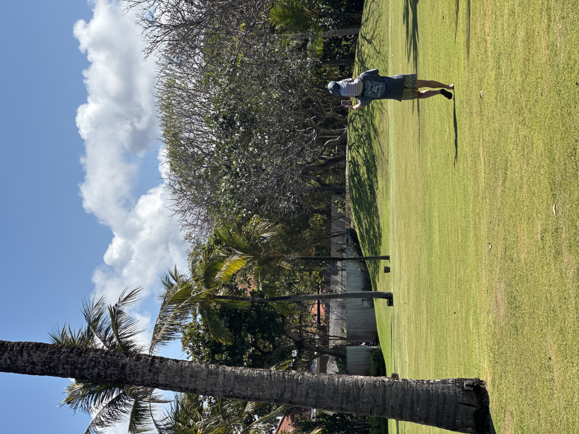 The image depicts a man standing on a lush green lawn, likely a golf course, in Kuta Selatan, Indonesia. He is facing away from the camera, holding a phone up as if taking a picture or video. He is wearing a striped hat, a dark t-shirt with a graphic design, and patterned shorts. The sun is casting long shadows across the grass, indicating it is either early morning or late afternoon. The sky is a bright blue with scattered white clouds.
In the background, there are several palm trees with their fronds swaying in the breeze, and a dense cluster of trees with white flowers. Beyond the trees, a building with a red-tiled roof is partially visible, along with some stone walls and a couple of square markers on the grass, possibly for a sport. The overall scene conveys a relaxed, outdoor atmosphere. The weather appears to be warm and sunny.