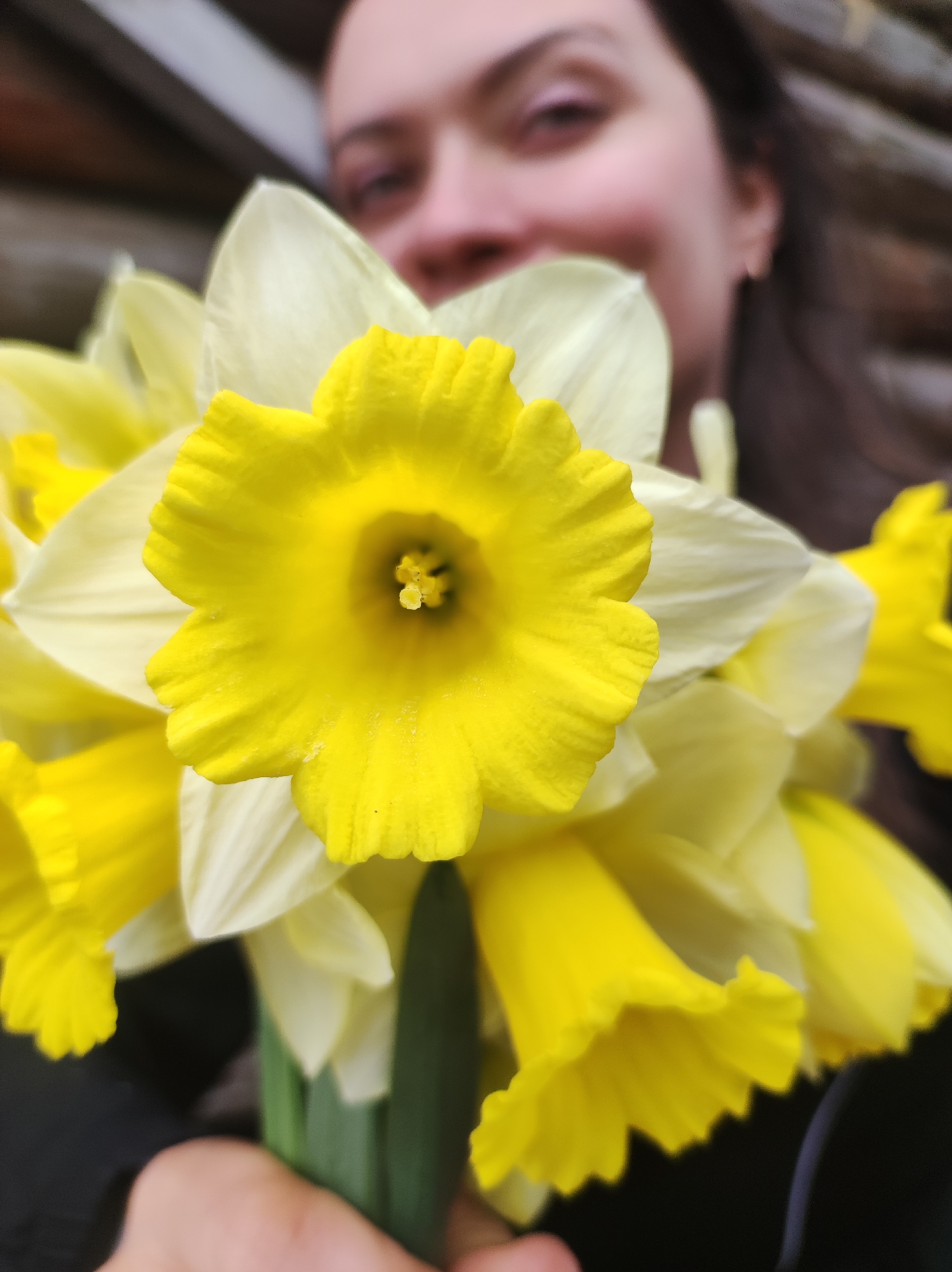 The image shows a person holding a bouquet of yellow and white daffodils. The person's face is slightly blurred in the background. The focus is on the daffodils, highlighting their vibrant colors and textures. The environment appears to be outdoors, possibly near a wooden structure. No specific details indicate the location is in the city of Фоки, Russia.