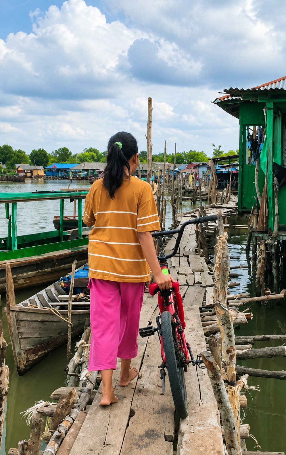 A young girl with her hair in a ponytail walks barefoot on a wooden boardwalk carrying a red bicycle. She wears a mustard-colored t-shirt with horizontal white stripes and bright pink capri pants. The boardwalk is constructed from rough-hewn planks and logs, supported by wooden stilts that extend into the murky green water below. To her left, a large green boat is moored. To her right, various stilted structures with corrugated metal roofs and green walls are visible, suggesting a waterside village. In the background, a line of houses with colorful roofs stretches along the water's edge, and lush green trees frame the horizon. The sky above is a bright blue with fluffy white clouds. The scene appears to be in a stilt village community within the City of Medan, Indonesia, likely a fishing village or a settlement built over water.