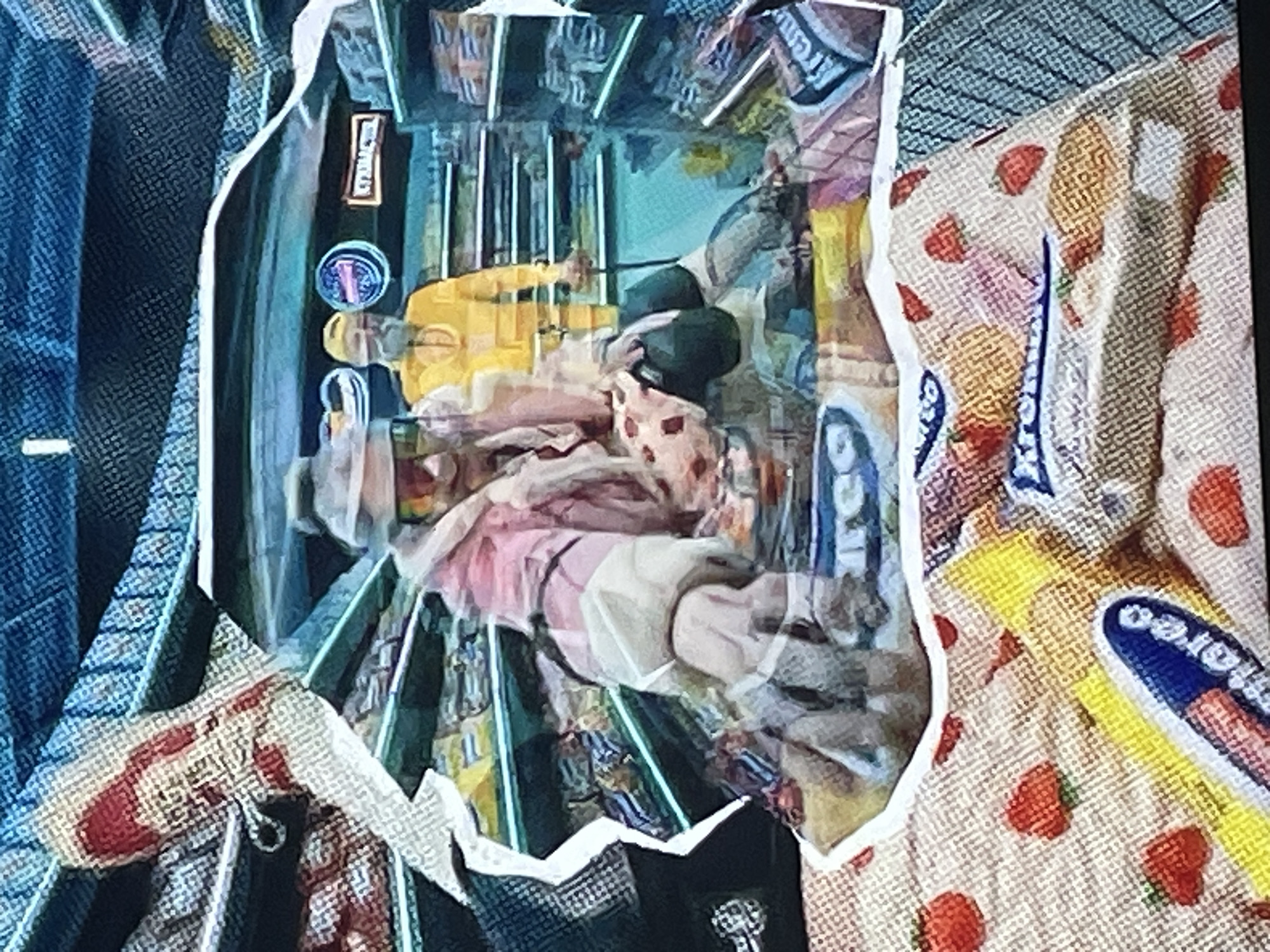 The image depicts an indoor scene, possibly a store aisle, with shelves stocked with various products. In the foreground, there is a close-up view of packaging material printed with a strawberry pattern and text that is difficult to decipher. A blue and white wrapper with the partial text "oreo" is visible. Behind this, two individuals are partially obscured. One person appears to be wearing a large, light-colored hat and a pink garment. Another individual, to the right, is wearing a bright yellow outfit and a yellow cap, and is holding a cane. The background shows rows of shelves filled with packaged goods. The lighting appears artificial and the image quality is low, with a pixelated appearance. There is no visible indication of the specific location within Zhukovo, Russia.