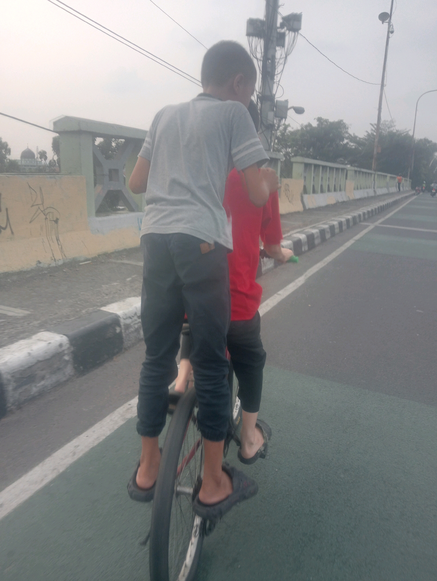 Two boys ride a bicycle on a road in East Jakarta, Indonesia. The boy in the front is wearing a gray t-shirt and black pants. He is standing on the pedals of the bicycle. The boy in the back is wearing a red shirt and black pants. He is sitting on the back of the bicycle. The bicycle is moving on a paved road with a green lane on the left and a gray lane on the right. There is a barrier on the left side of the road with white and black stripes. In the background, there is a bridge, trees, and power lines. The sky is overcast.