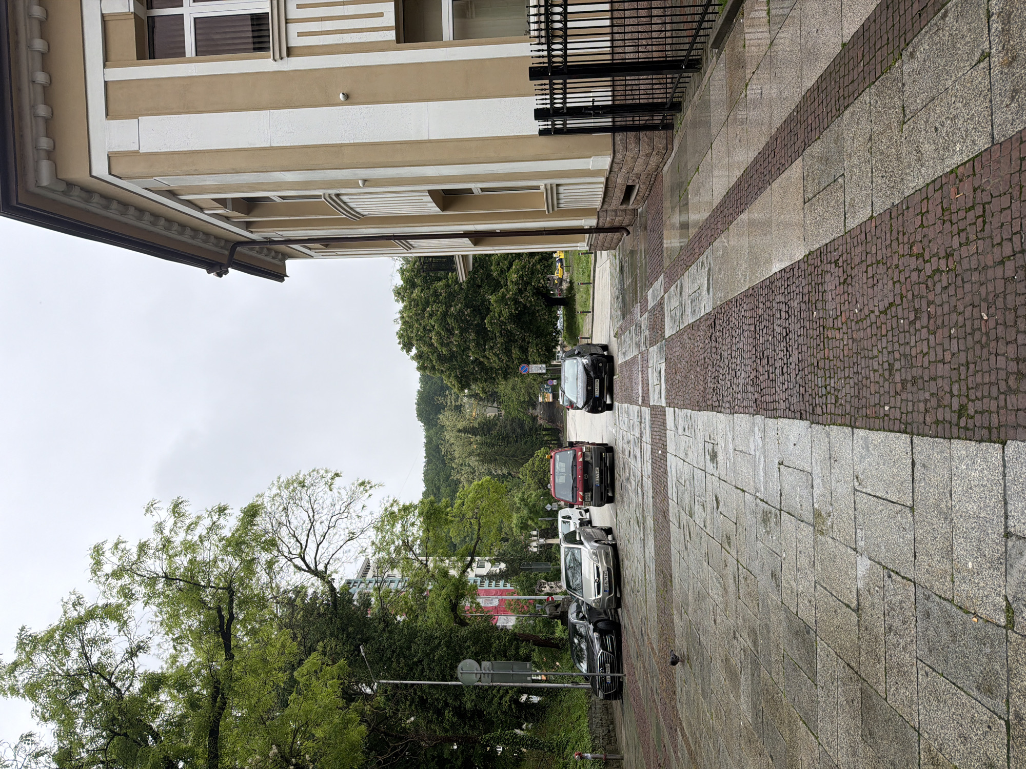 The image shows a street in Gabrovo, Bulgaria, with several cars parked along the right side of the road. The road is paved with a combination of granite and brick. On the left side of the image is a building with a beige and white facade, and a black wrought iron fence runs along its perimeter. Trees line the street on both sides, with additional greenery visible further in the distance. The sky is overcast, suggesting a rainy or cloudy day. A red bus is visible in the street.