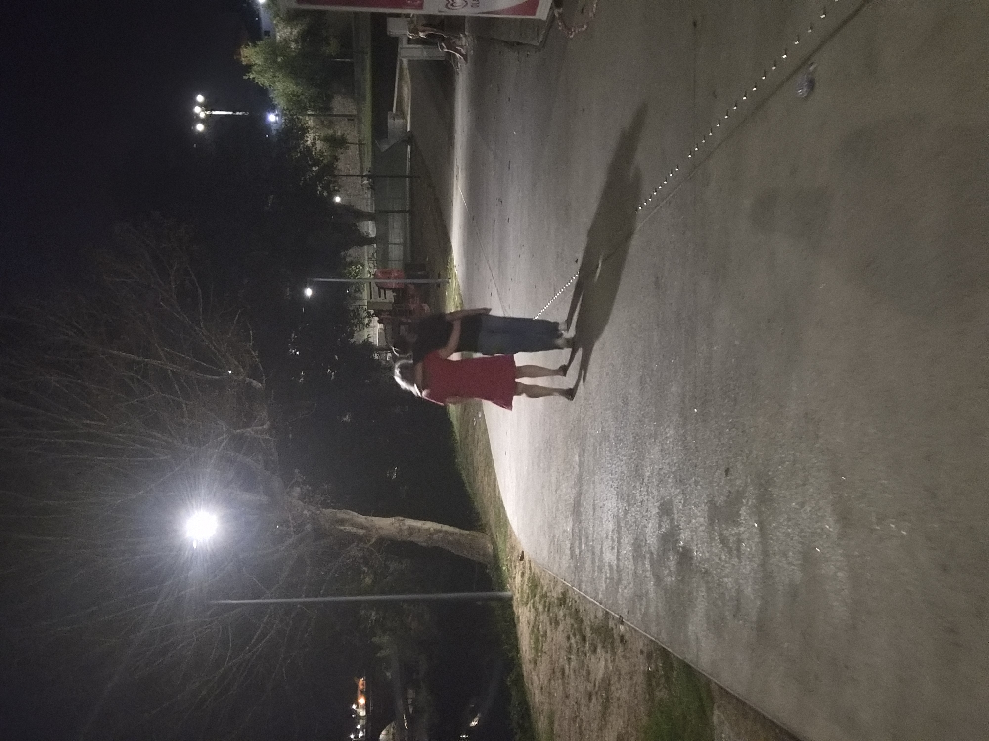 The image depicts a paved pathway beside a body of water at night, likely in Barcelos, Portugal, given the context. Two individuals are walking away from the camera on the pathway. The person on the left wears a red dress, and the person on the right wears a dark top and blue jeans. The person on the right has their arm around the shoulders of the person on the left. The pathway is illuminated by streetlights, one of which is prominently visible in the upper left portion of the image, casting a bright glow through the bare branches of a nearby tree. Another streetlight with multiple bulbs is visible further down the pathway to the right. The environment appears to be a park or public space with grassy areas and trees on one side and the water on the other. In the background, buildings and more streetlights suggest an urban setting.