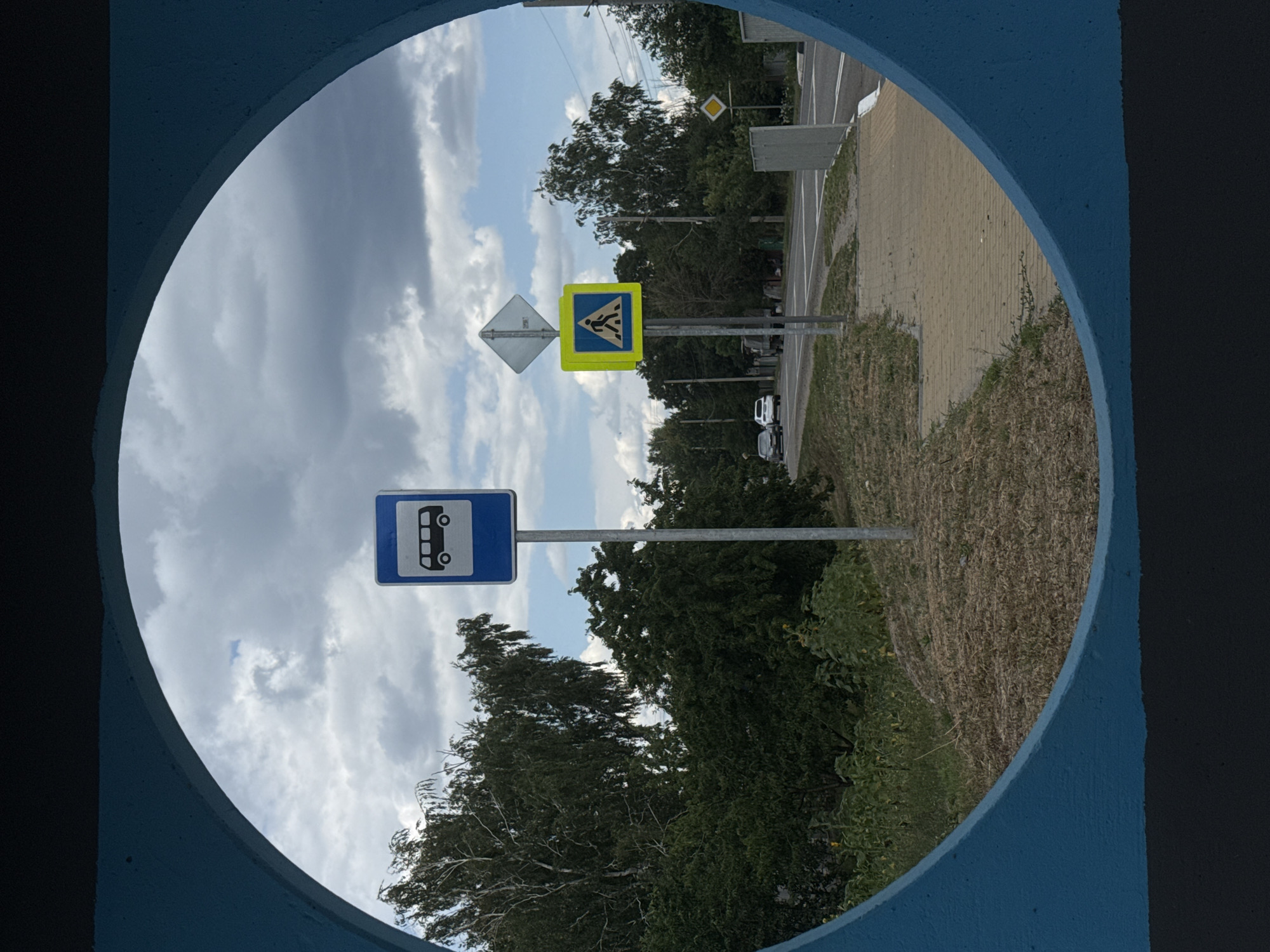 The image, framed by a circular blue structure, displays a street scene in Shulhynka, Ukraine. A bus stop sign, featuring a white bus silhouette on a blue background, is positioned on the left side of the frame. To its right, a pedestrian crossing sign is visible, a yellow square with a blue square inside depicting a person walking on a crosswalk, mounted above a diamond-shaped warning sign. The street itself is paved, with a sidewalk adjacent to it. Several cars are present on the road. The surrounding environment includes lush green trees and vegetation, with a cloudy sky overhead. The overall impression is that of a typical roadside view within a town.
