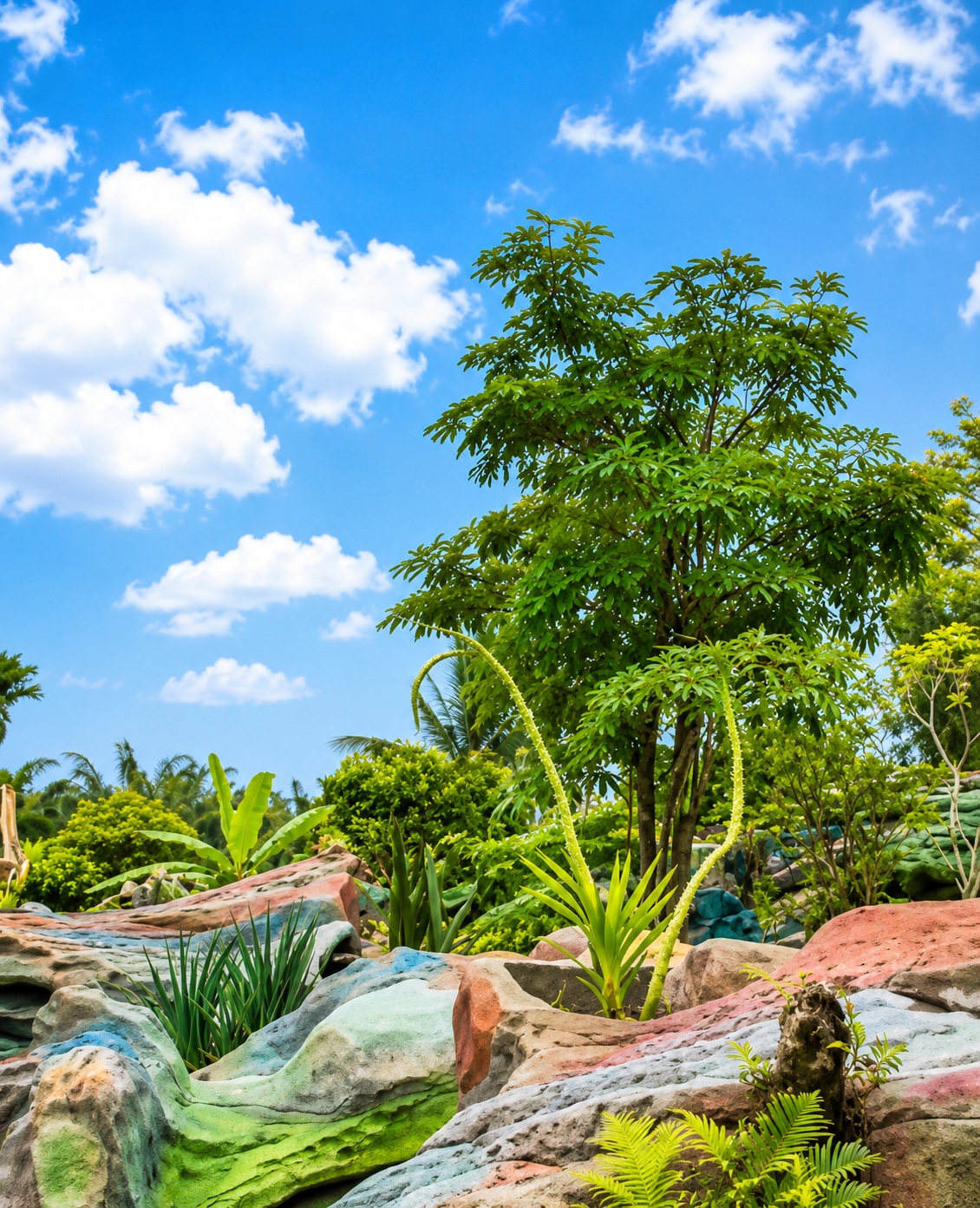 This is a photograph of a garden. The foreground features colorful, sculpted rocks, with various plants growing around and on them, including grasses, ferns, and a tall plant with two curved, spiky stalks. In the midground, a variety of lush green trees and bushes are visible, including some with large leaves. A prominent tree with dense foliage stands in the center. The background shows more dense vegetation and palm trees, suggesting a tropical environment. The sky is a vibrant blue with scattered white clouds. The scene depicts an outdoor botanical or park setting, likely in a tropical region, given the flora. The specific location within Eampat Kwalamencirim, Indonesia, cannot be determined from the visual information alone. There are no people or animals present in the image.