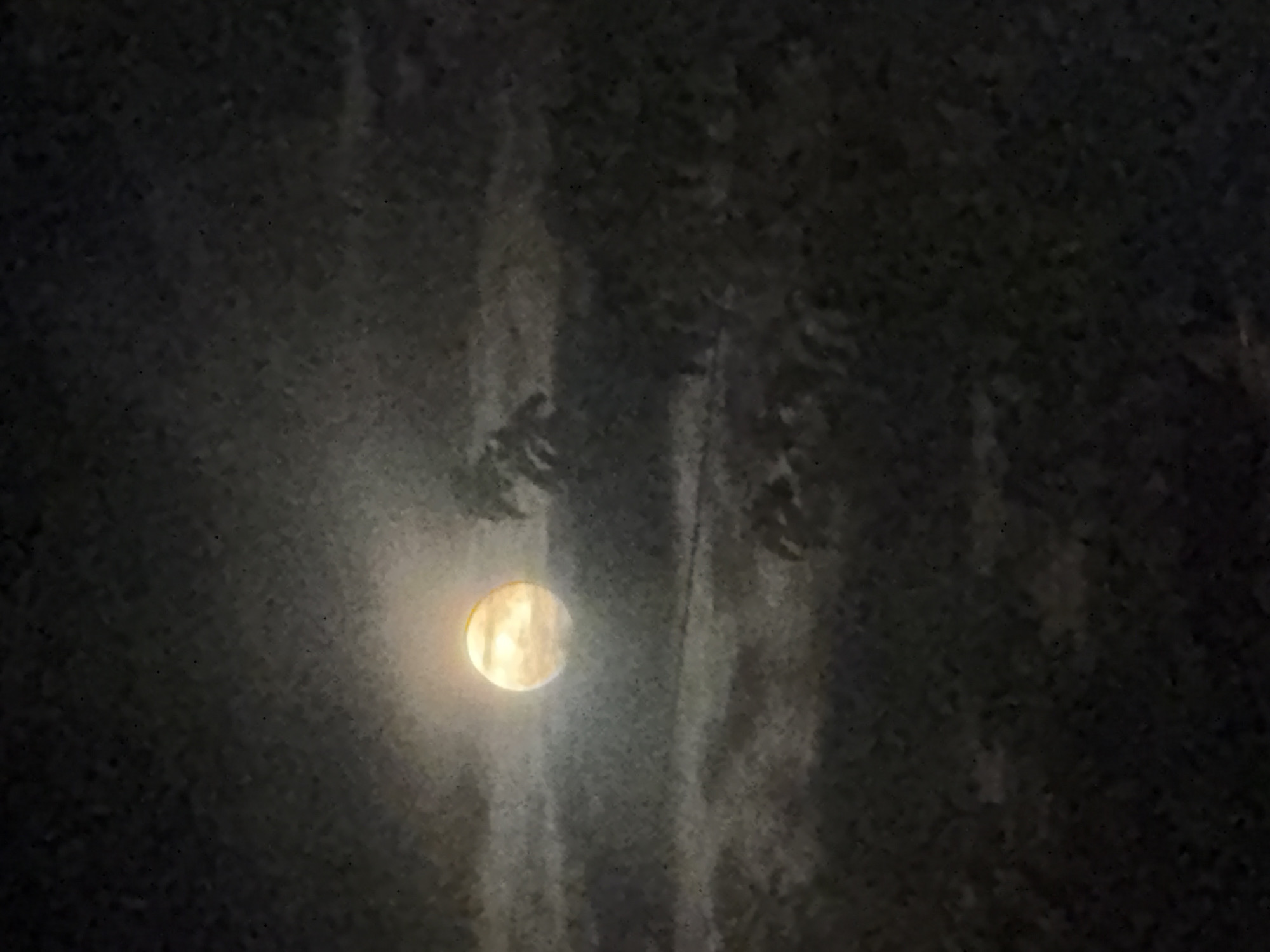 An image of the moon, partially obscured by clouds, is visible in the night sky. The moon is bright and appears to be full or nearly full, with subtle variations in its surface texture visible through the haze. The surrounding sky is dark, with darker clouds drifting across the moon, creating a sense of depth and atmosphere. The foreground and background are obscured by darkness, with only faint hints of trees or foliage visible on the right side of the frame, suggesting a natural or rural setting. There are no discernible people, objects, or actions in the image. The overall impression is one of a serene night scene, with the moon as the central focus. There is no information about the location in Pavel Banya, Bulgaria.