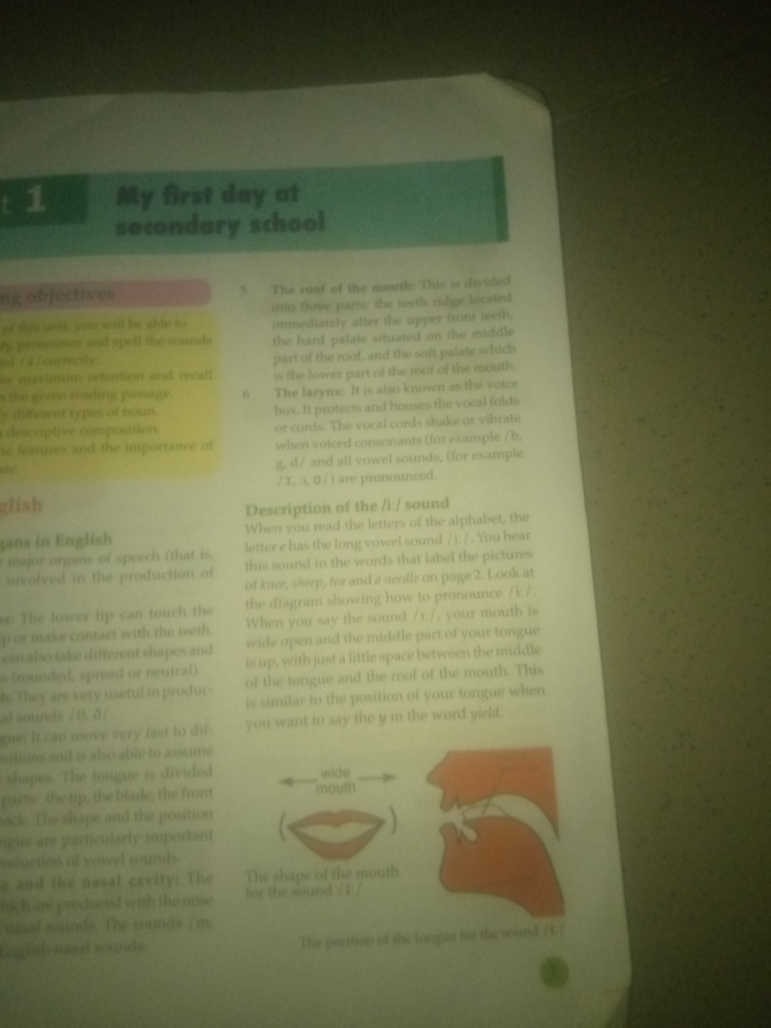 The image depicts a page from a book titled "My first day at secondary school." The text discusses phonetics and the production of speech sounds, specifically focusing on the /i:/ sound. It describes parts of the mouth involved in sound production, such as the roof of the mouth, hard palate, soft palate, and the larynx. Illustrations show the mouth in a "wide open" position and a diagram illustrating the tongue's position for the /i:/ sound. There are no people, objects, or environmental details that would suggest a location in Jauro Yinu, Nigeria, or any specific city. The image is a close-up of printed text and illustrations on a page.