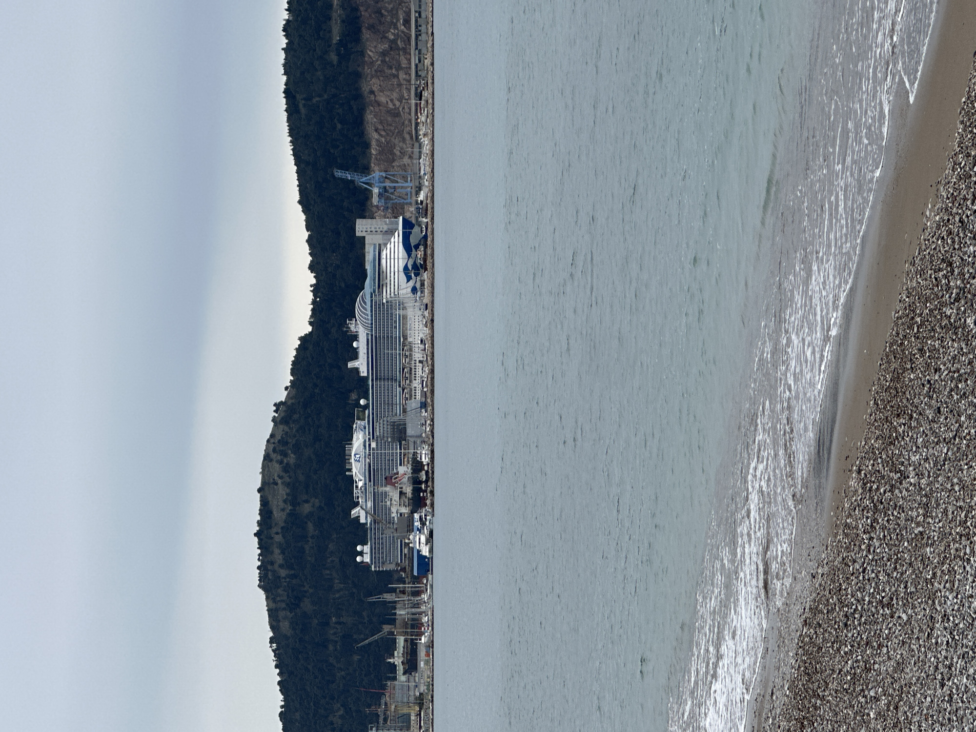 The scene depicts a harbor with multiple large cruise ships docked. The ships are white with blue and gold accents and are moored parallel to the coastline. A mountain range densely covered with trees forms a backdrop to the harbor. The sky is overcast with a flat, grey light.
In the foreground is a beach with a mixture of sand and pebbles. Gentle waves are breaking on the shore. The water is grey-blue, blending with the sky's muted tones. The overall impression is one of industrial activity alongside a natural landscape, captured in neutral lighting.
The location is Bar, Montenegro, judging by the cruise ships in the harbor.