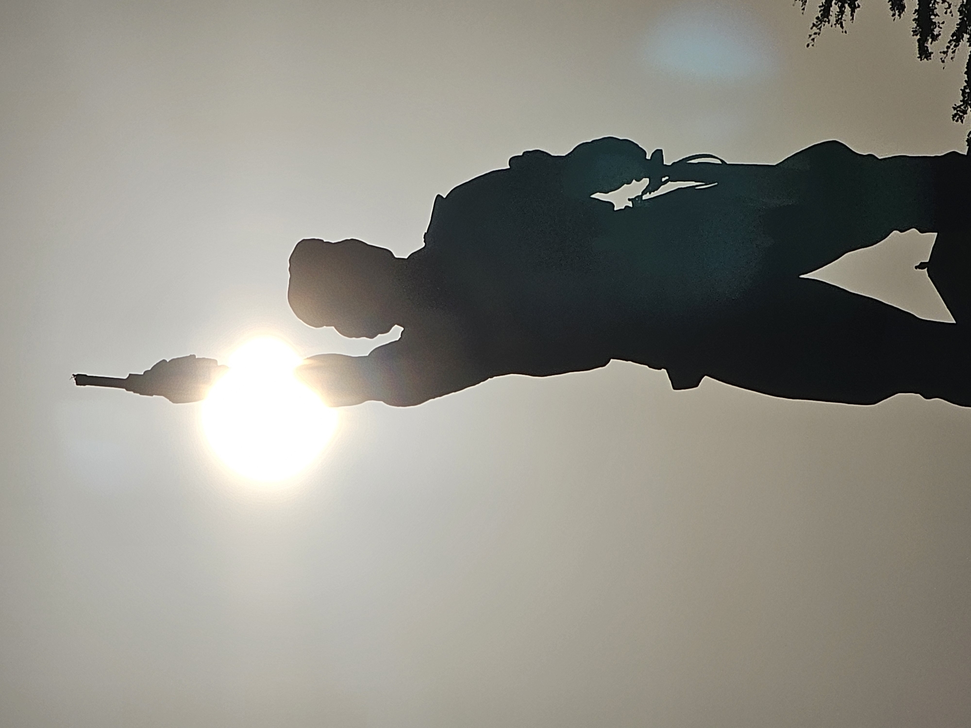 A silhouetted statue of a person raising a rifle is shown against a bright, hazy sky with the sun centered behind the figure's head. The statue is dark, obscuring any distinguishing features, but appears to be wearing a cap and uniform. The background is a uniform, light gray, suggesting a hazy or overcast day. To the right of the statue, a few dark green leaves of a tree are visible in the lower right corner, partially obscuring the base of the statue. The sun is intensely bright and appears as a circular orb, its rays fanning out. The overall impression is of a monument or memorial, possibly depicting a soldier or military figure, silhouetted against a stark and atmospheric sky. This statue is located at Puputan Square in Denpasar, Indonesia.