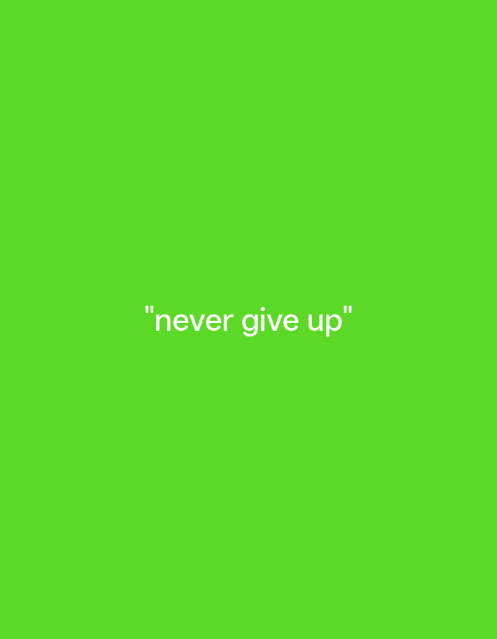 The image is a plain, bright green background with white text in the center that reads "never give up". There is no discernible location in Payagaboh, Indonesia depicted in this image.