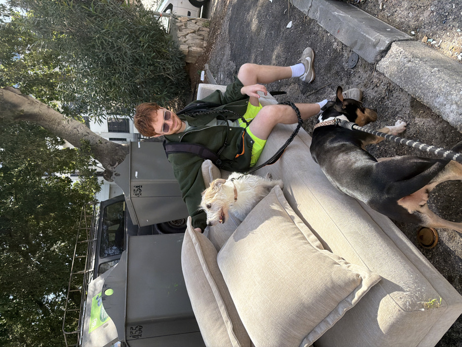 The image depicts an outdoor urban scene in Tel-Aviv, Israel, identifiable by the distinct municipal waste bins. A light-skinned male, with reddish-brown hair and a slight beard, is seated on a discarded, multi-cushioned light beige sofa. He is wearing dark sunglasses, a dark green jacket, bright neon yellow shorts, white socks, and light-colored athletic shoes. A black backpack with an orange loop is on his back, and a chain accessory is visible on his left side. His right hand rests near a small, shaggy white dog, which is sitting next to him on the sofa, wearing a light-colored collar and leash. A second, medium-sized black and tan dog with a leopard-print collar and a black and white braided leash is standing on the dirt ground in front of the sofa, facing away from the man and sniffing the ground. The leash for the black and tan dog appears to be held by or attached to the man.
In the background, two large, grey municipal recycling or waste bins are visible, marked "455" and "454", with green accents. Behind these bins is a dark-colored van with a roof rack. The area features a large tree with exposed roots, green foliage, a stone wall, and a concrete curb. A white vehicle is partially visible in the far right background, and white building structures are present further back. The scene is illuminated by bright sunlight, suggesting daytime.
