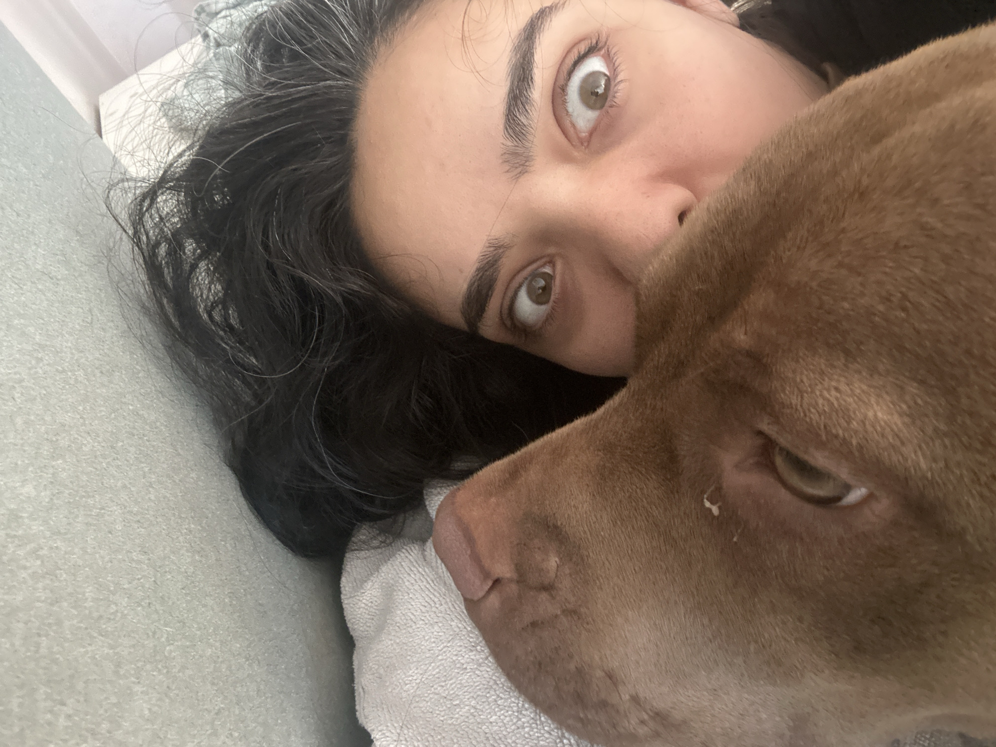 In the city of Malevo, Bulgaria, a person is lying down with their dog. The image is a close-up selfie, showing the person's face and eyes, which are wide open. The dog's head is resting on the person's face, partially obscuring it. The background is blurry and appears to be a bed or sofa covered with a light-colored blanket. The person has dark hair with some gray strands visible. The dog has brown fur. The lighting suggests an indoor setting.