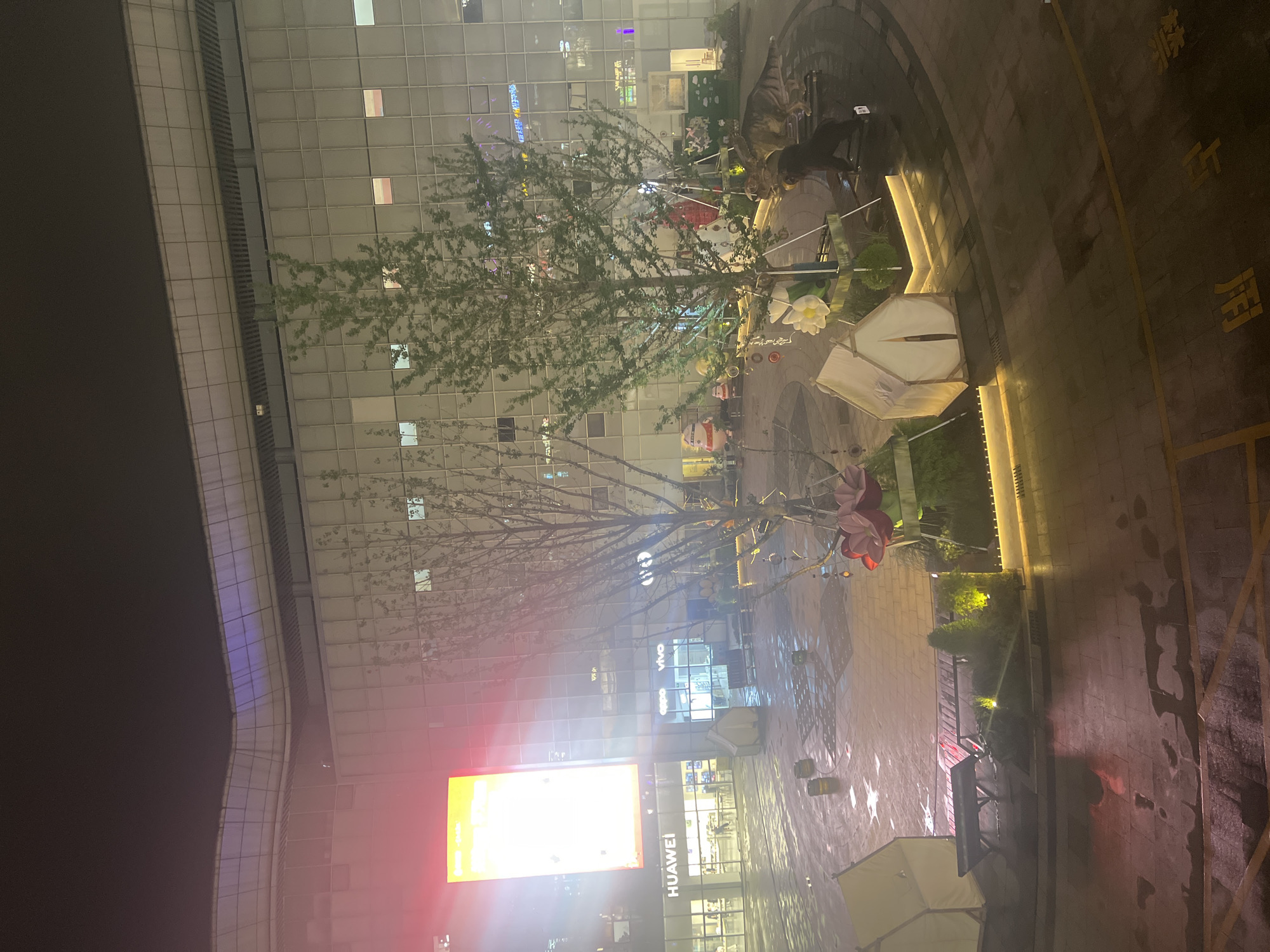 This is an exterior, eye-level, medium shot of a public plaza at night, located in Liandu District, China. The plaza is paved with stone tiles that are wet and reflective from recent rain. The scene is dominated by the facade of a modern, multi-story building with a grid of windows. The building is illuminated by internal lighting and a large, bright, vertical LED screen displaying advertisements. Several trees are planted in the plaza, some of which are bare of leaves, while others have green foliage.
In the foreground, there are decorative elements suggesting a festive or promotional display. These include several small, tent-like structures, large artificial flowers, and illuminated planters with greenery. There are also several life-sized animal models, including a dinosaur and a dark-colored, quadrupedal animal that appears to be a bear or large dog. In the background, businesses are visible through the glass facade of the building, with signage for "HUAWEI", "OPPO", and "vivo". There are no people readily visible in the image. The overall atmosphere is that of a commercial district at night, with the wet ground adding to the moody illumination from the building's lights and advertisements.