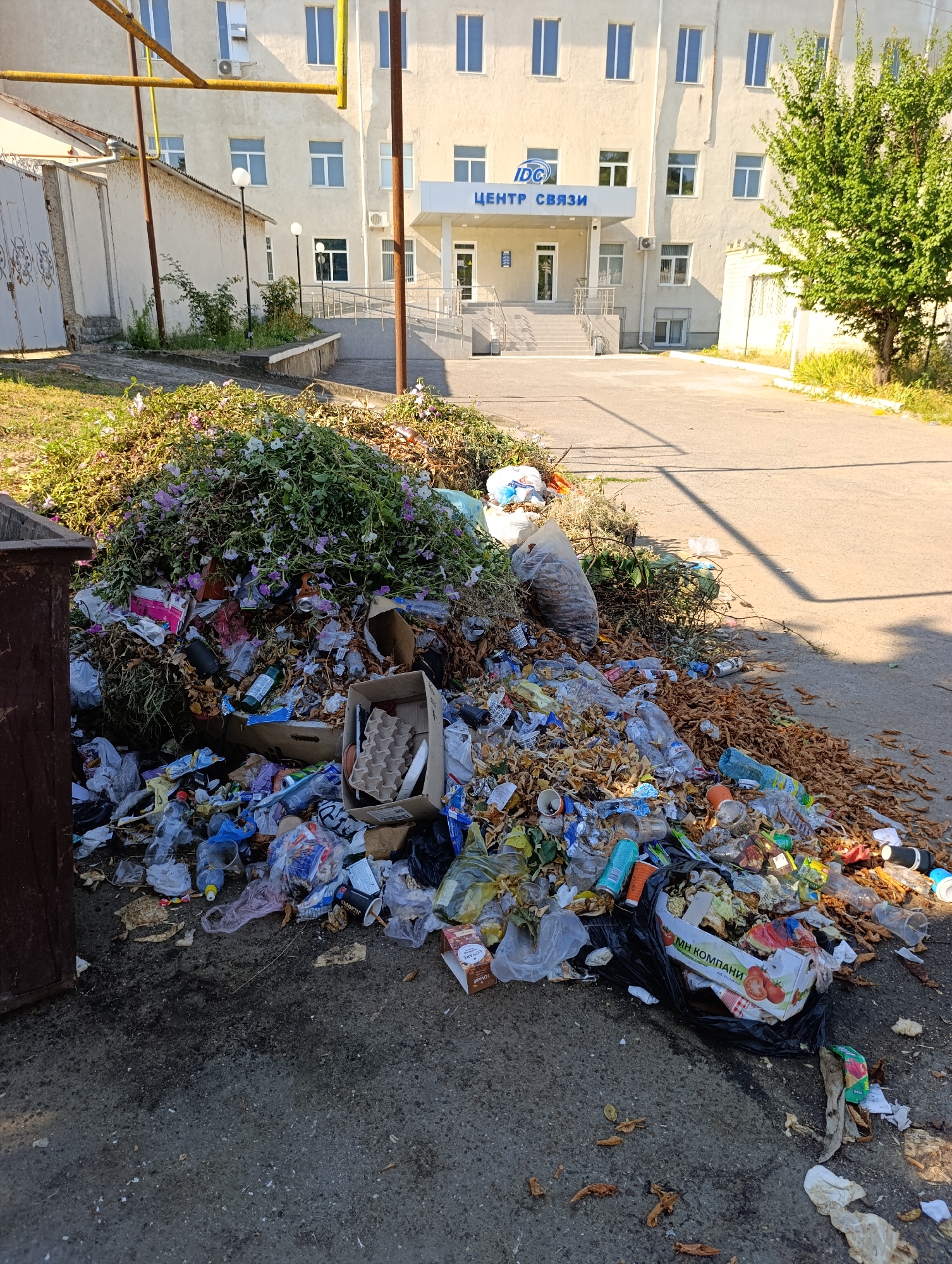 A large pile of trash and vegetation debris is located on a paved surface in front of a light-colored building with the words "ЦЕНТР СВЯЗИ" and "IDC" visible on its facade. The trash consists of various items including plastic bottles, food wrappers, cardboard boxes, and dried leaves. A dark brown dumpster is partially visible on the left side of the image. The building appears to be an administrative or public service facility, possibly located in Dubăsari town council, Moldova, given the context. The scene depicts a state of disarray and neglect due to the accumulation of waste.