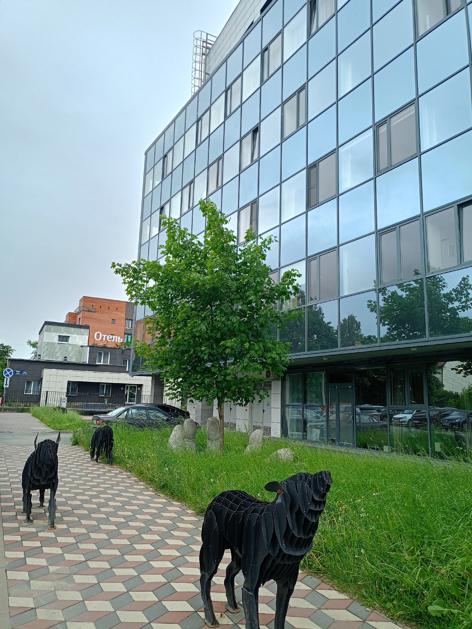The image depicts an outdoor scene in a city, with a modern glass-facade building dominating the right side. In front of the building, a lush green lawn meets a patterned walkway. Three black, abstract sculptures resembling dogs are positioned on the walkway, with two in the foreground and one further back. The building's glass exterior reflects the surrounding trees and sky. To the left of the building, a multi-story structure with a brick facade and a sign reading "Отель" (Hotel) is visible. Cars are parked in the background. The sky is overcast.
