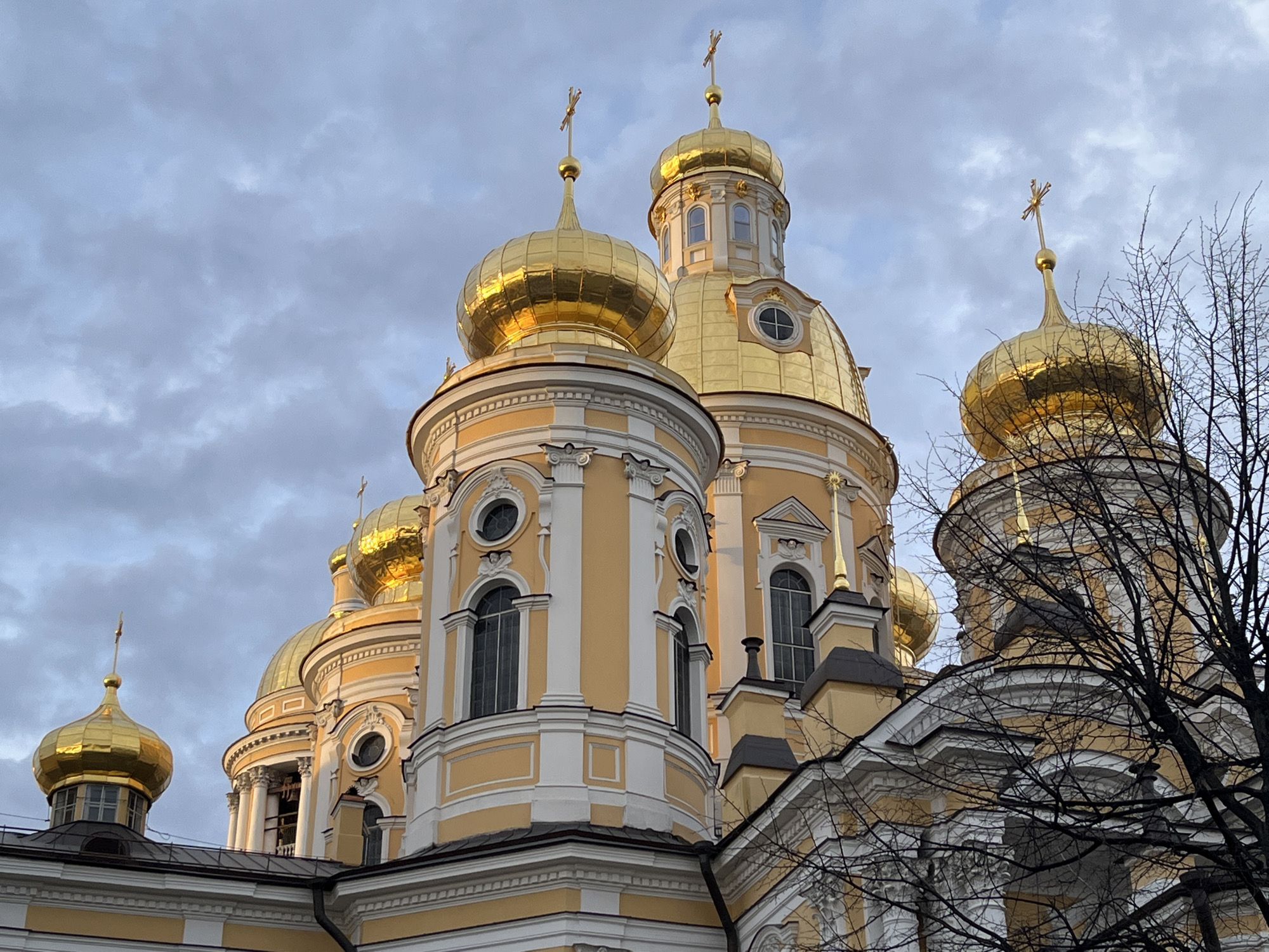 The image shows a close-up of the golden domes and ornate architecture of a building, likely a church or cathedral. The building is painted in shades of cream and yellow, with intricate detailing. The domes are topped with crosses. A bare tree branch is visible in the foreground. The sky is overcast with gray clouds. The location is unknown.