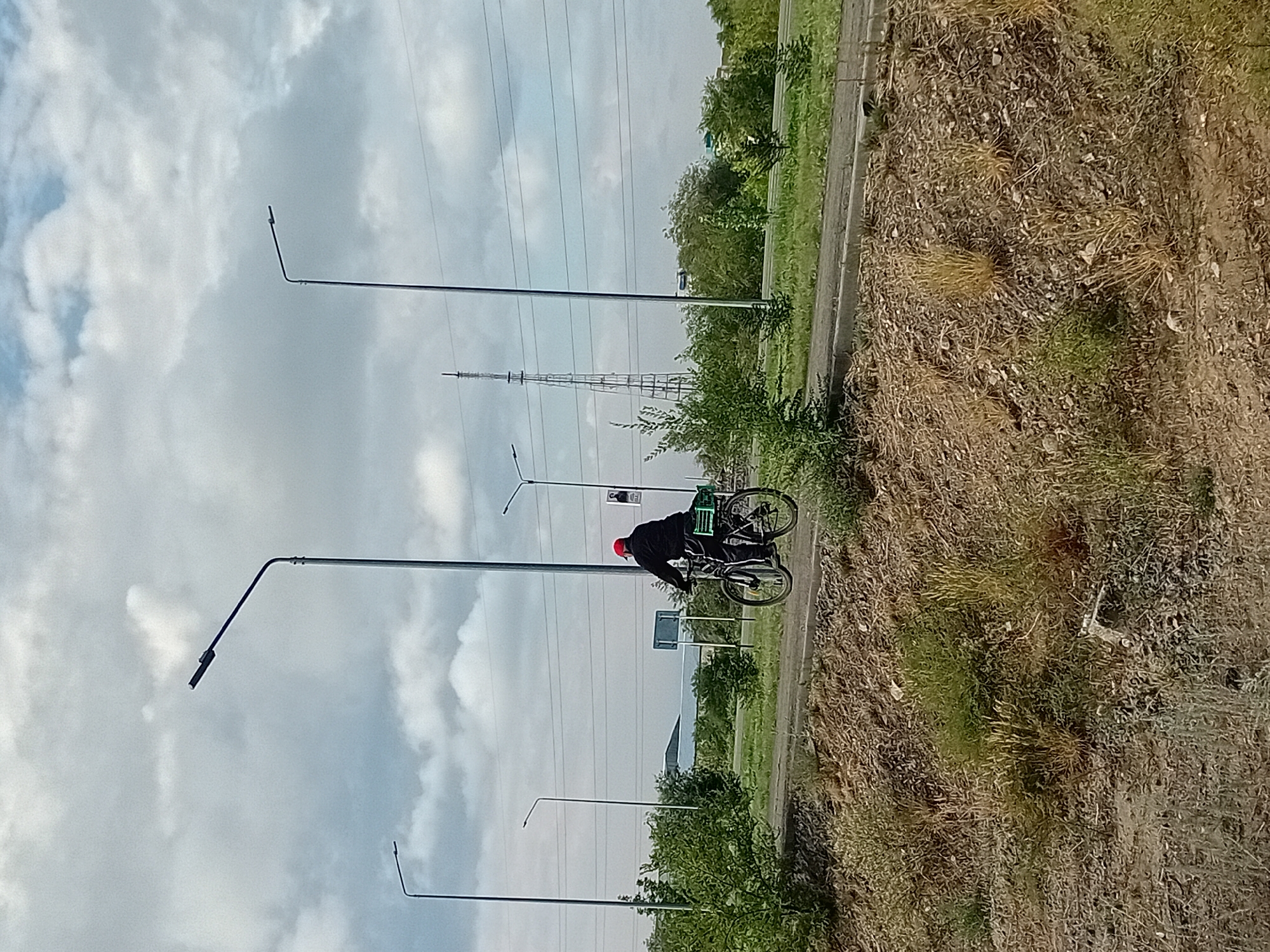 The image depicts a cyclist riding a bicycle on a paved road in Semey, Kazakhstan. The cyclist, wearing a dark jacket and a red cap, is carrying a green plastic crate on the rear rack of the bicycle. They are cycling on the right side of the road. The environment is characterized by a cloudy sky, several tall streetlights, and sparse vegetation, including bushes and dry grasses. In the background, a tall transmission tower and power lines are visible. The foreground shows a slope covered with dry vegetation and rocks. The road appears to be an urban or suburban thoroughfare.