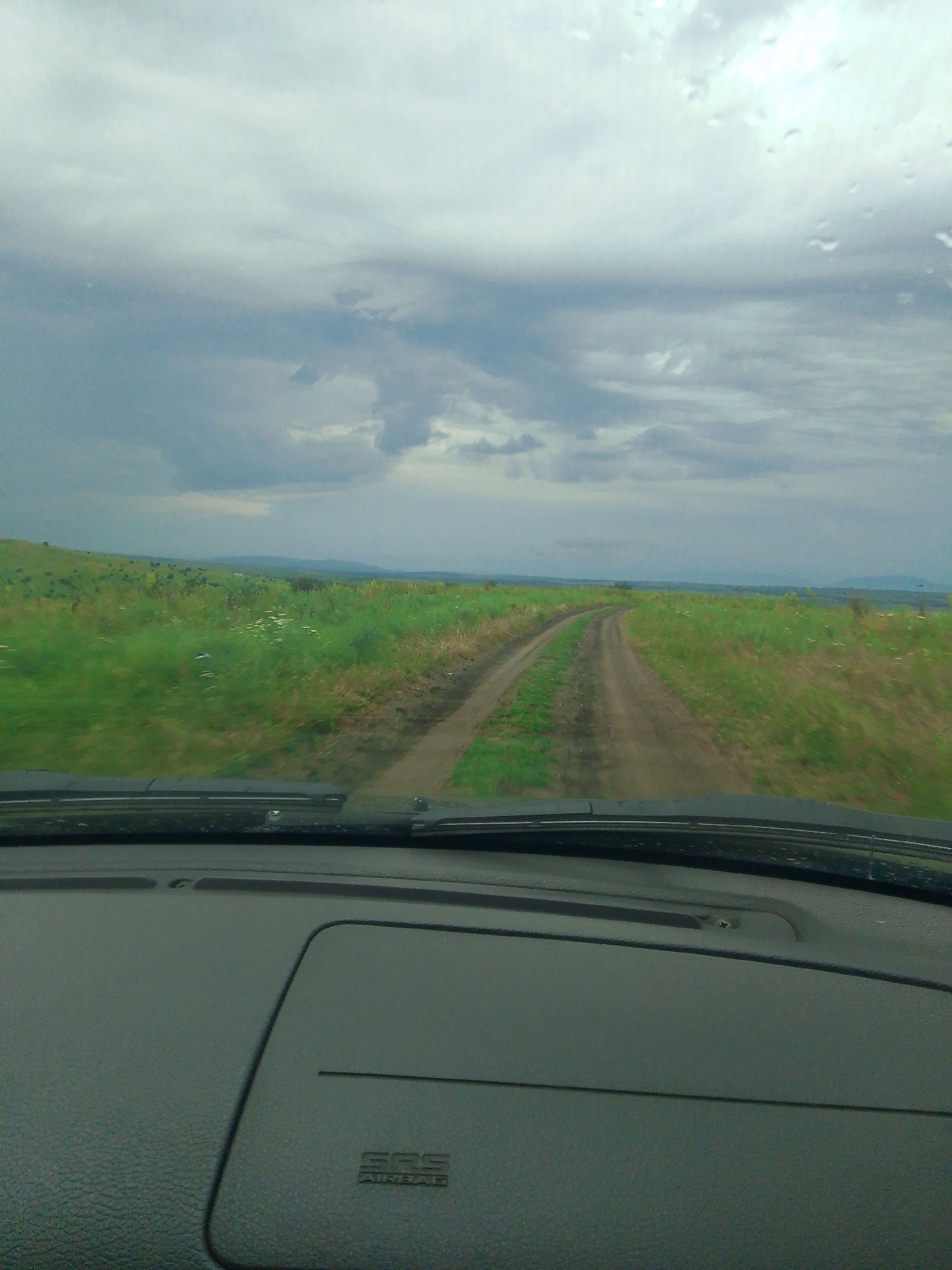 This is a first-person perspective image taken from inside a vehicle, looking out at a rural landscape. The foreground is dominated by the dark gray dashboard of the car, with a textured surface and a small, embossed "SRS AIRBAG" label on the passenger side.
The view through the windshield reveals a dirt road winding through a vast, green field. The field is covered in lush grass and dotted with small white flowers. In the distance, rolling hills fade into a hazy horizon, suggesting a wide, open space. The sky is overcast with heavy, gray clouds, indicating a cloudy or potentially rainy day. There are a few water droplets visible on the windshield, reinforcing the impression of wet weather.
The scene depicts travel through a natural, undeveloped area. The time of day is difficult to determine precisely due to the overcast conditions, but it appears to be daytime. The overall mood is somewhat subdued, consistent with the cloudy weather and the solitary act of driving through the countryside.
The location is identified as Krasnostepnovskoye, Russia. There are no people visible in the image. The notable details are the weather conditions, the rural setting, and the interior of the vehicle.