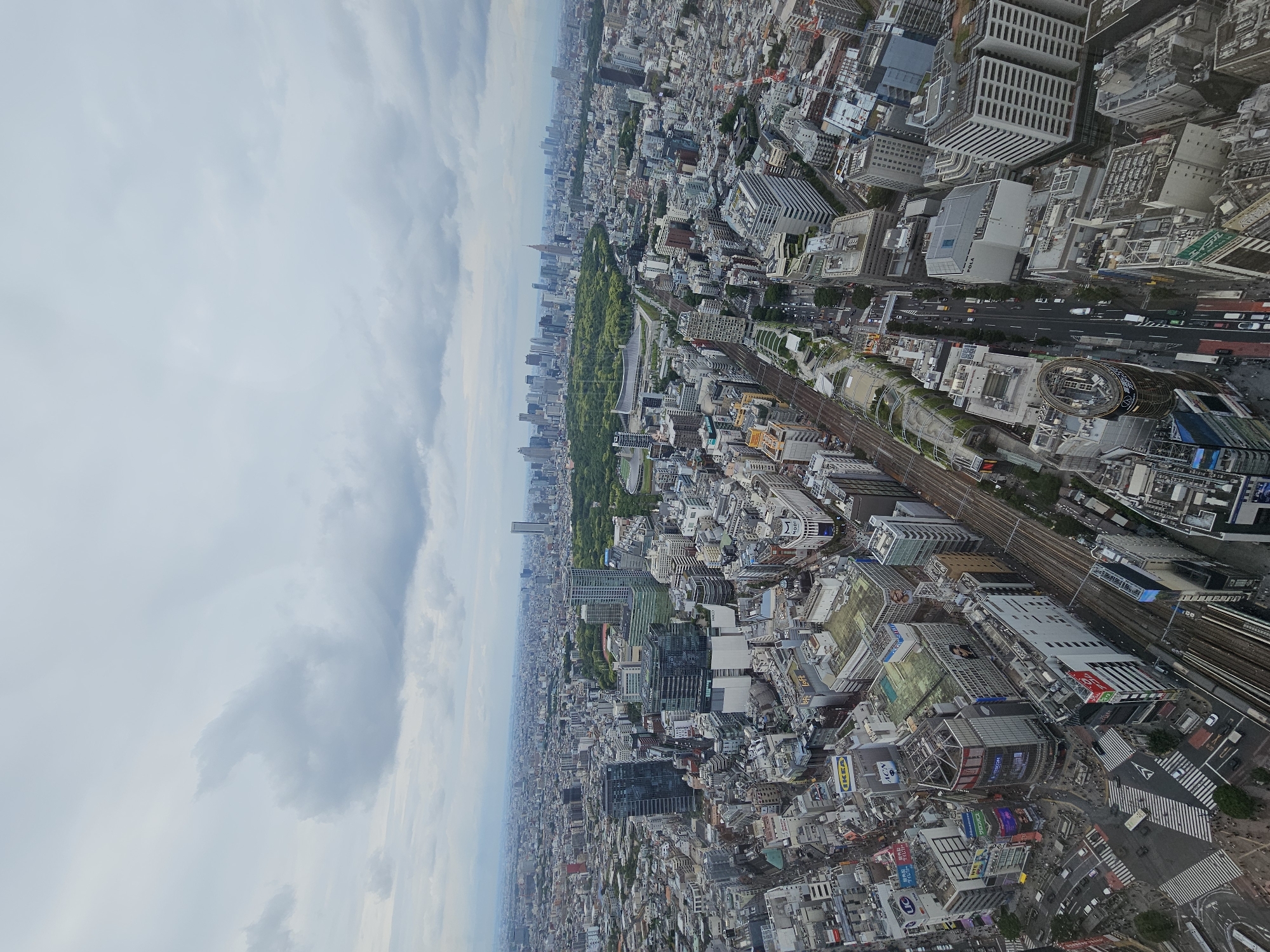The image depicts a high-angle view of a cityscape with a prominent green park extending lengthwise through the middle of the urban area. The sky is overcast with cloudy conditions. Buildings of varying sizes and architectural styles densely populate the scene, interspersed with roadways and railway lines. No people are clearly visible, and no specific actions or interactions can be observed. The location is the city of Unknown, Unknown.