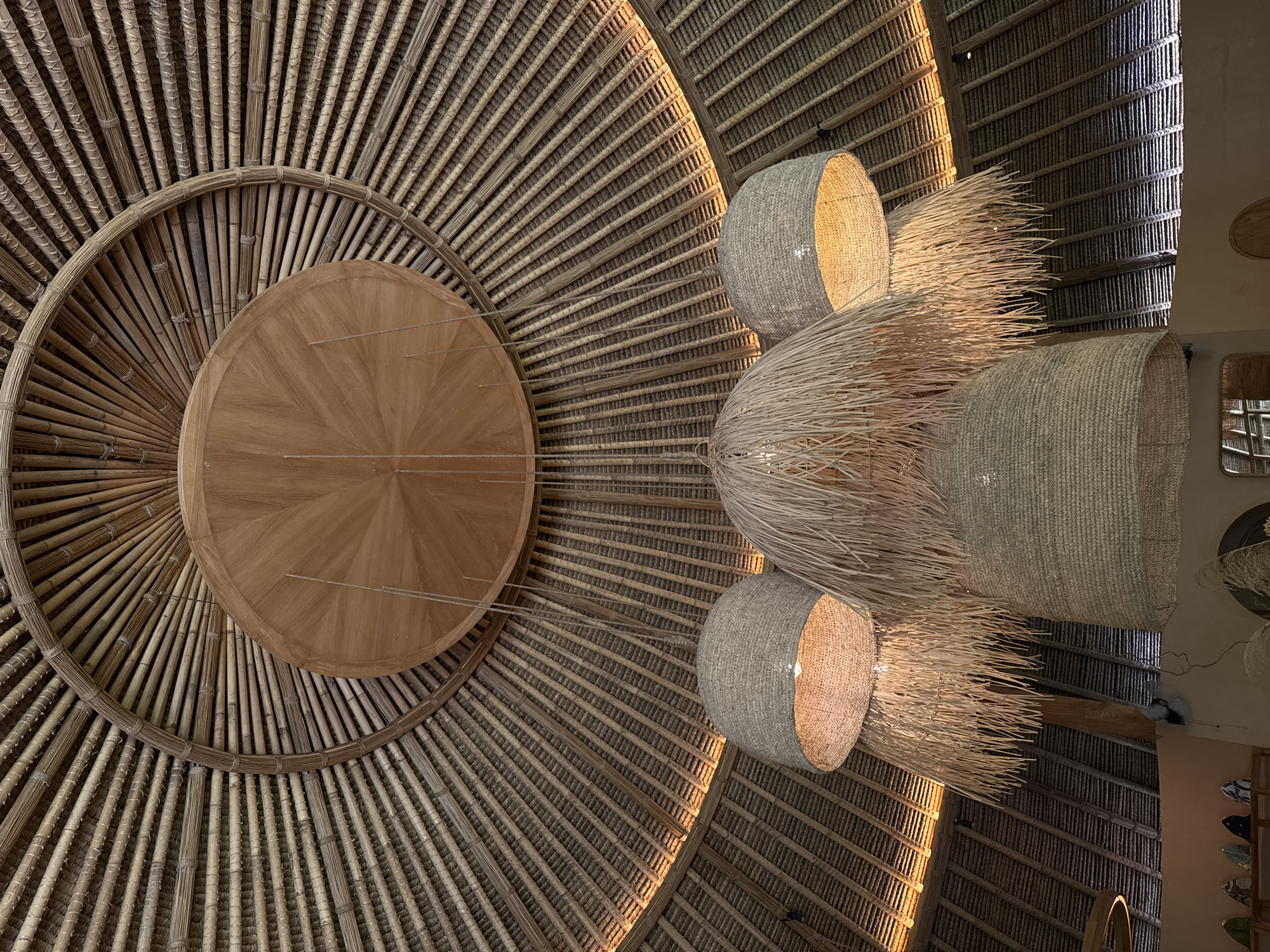 This is a low-angle, medium shot of a ceiling decorated with natural materials in an indoor location. The ceiling is constructed from numerous thin, light brown bamboo-like stalks radiating outwards from a central wooden disc. These stalks are bound together with thinner fibers, creating a textured, sunburst pattern. Suspended from the ceiling are several large pendant lamps. Two lamps are spherical and covered in a woven, light brown material resembling straw or rough fabric. One of these lamps has a fringe of lighter, straw-like material hanging from its bottom edge. Another lamp, positioned centrally and slightly behind the other two, is also covered in this woven material but appears to be more conical in shape. The lamps emit a warm, yellow light. The overall aesthetic is rustic and organic. The location is not specified in the prompt.